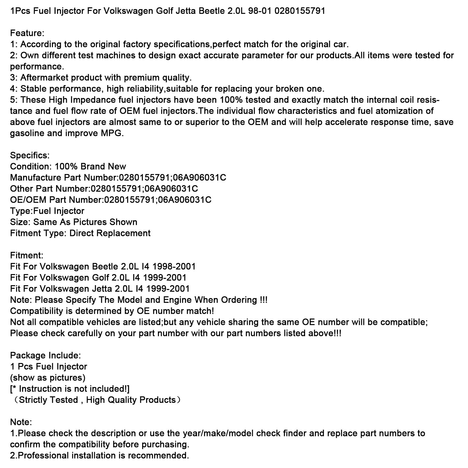 Volkswagen Golf Beetle Jetta 2.0L Fuel Injector 1998 1999 2000 2001 0280155791