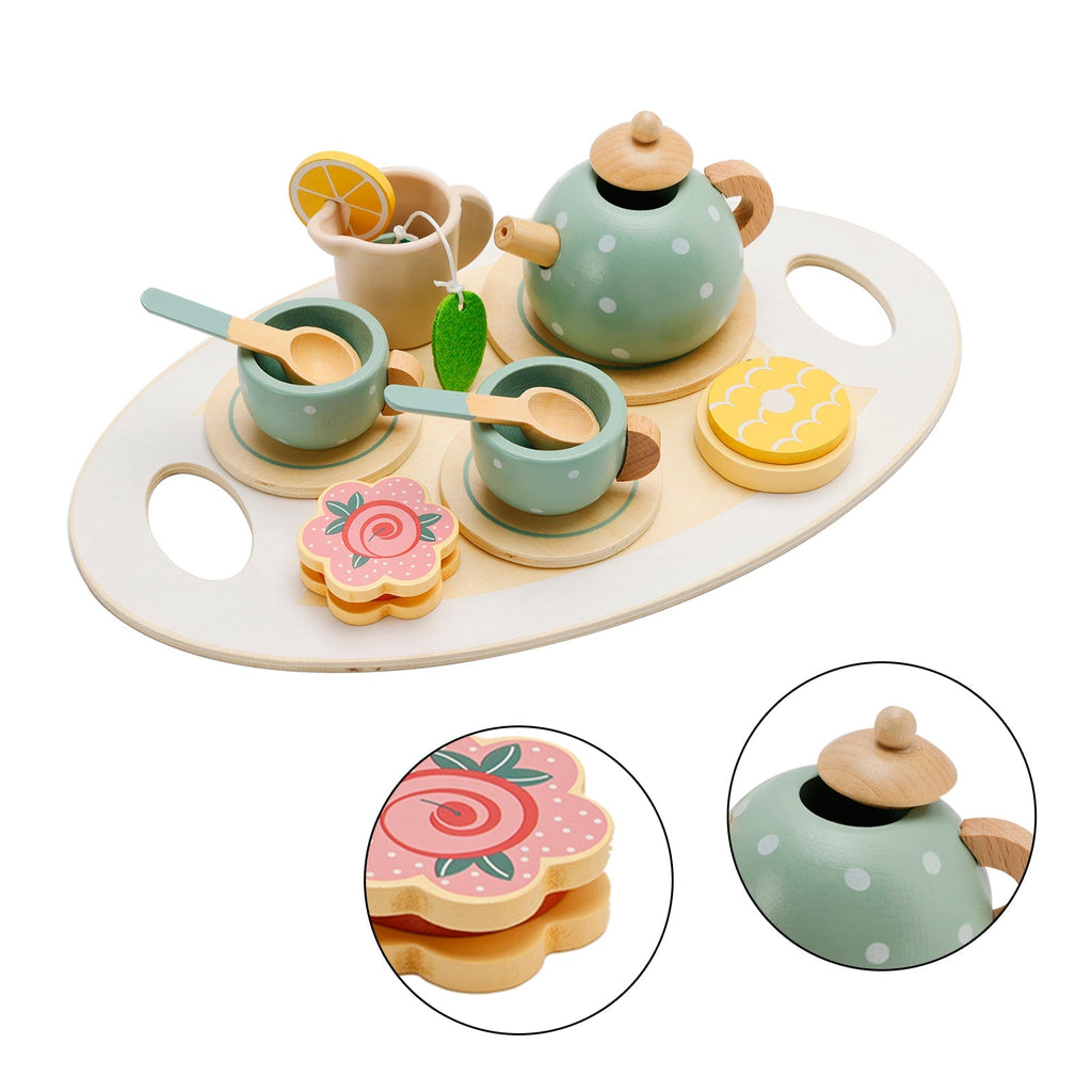 15 Piece Wooden Kitchen Toy Dishes and Tea Set for Children's Play Kitchen