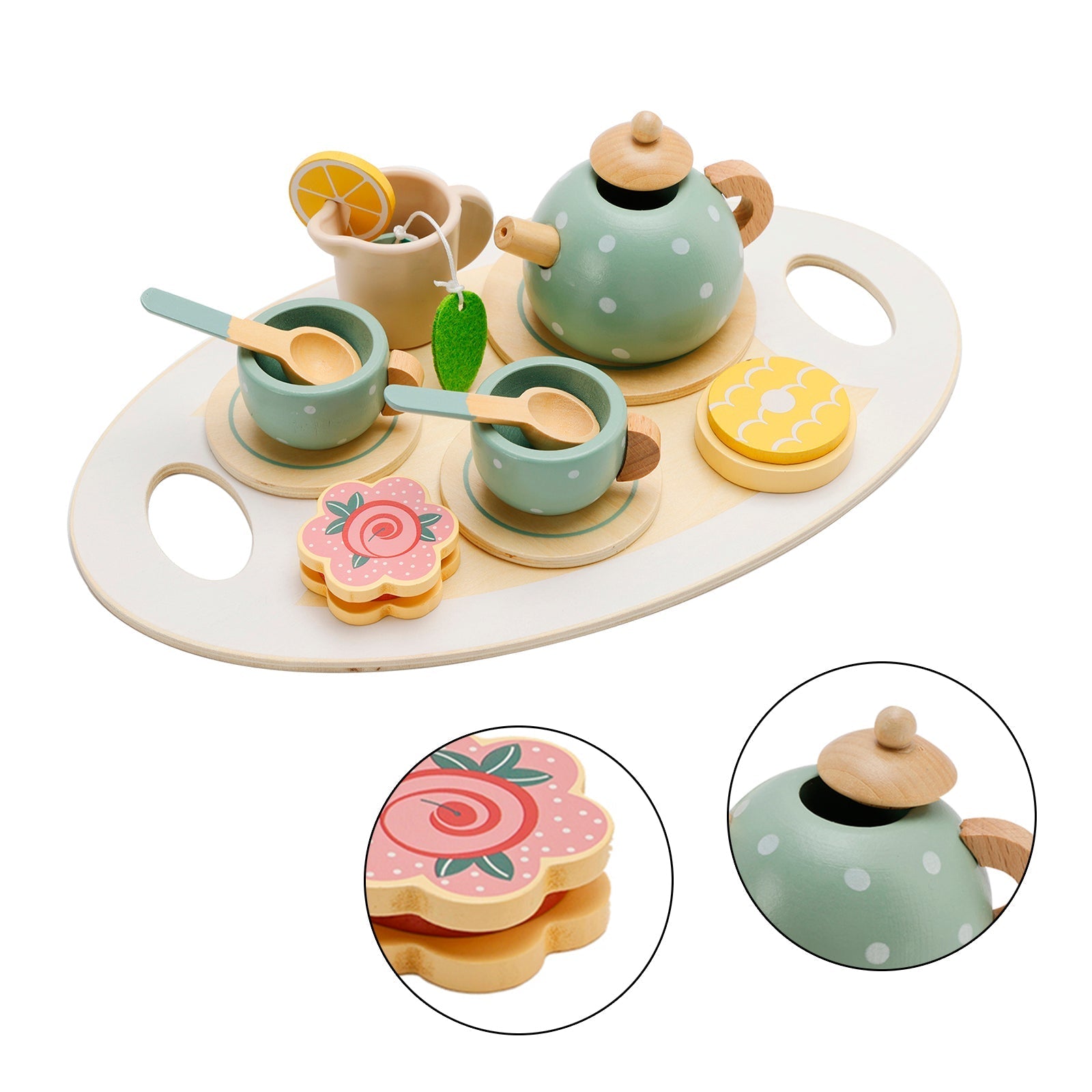 15 Piece Wooden Kitchen Toy Dishes and Tea Set for Children's Play Kitchen