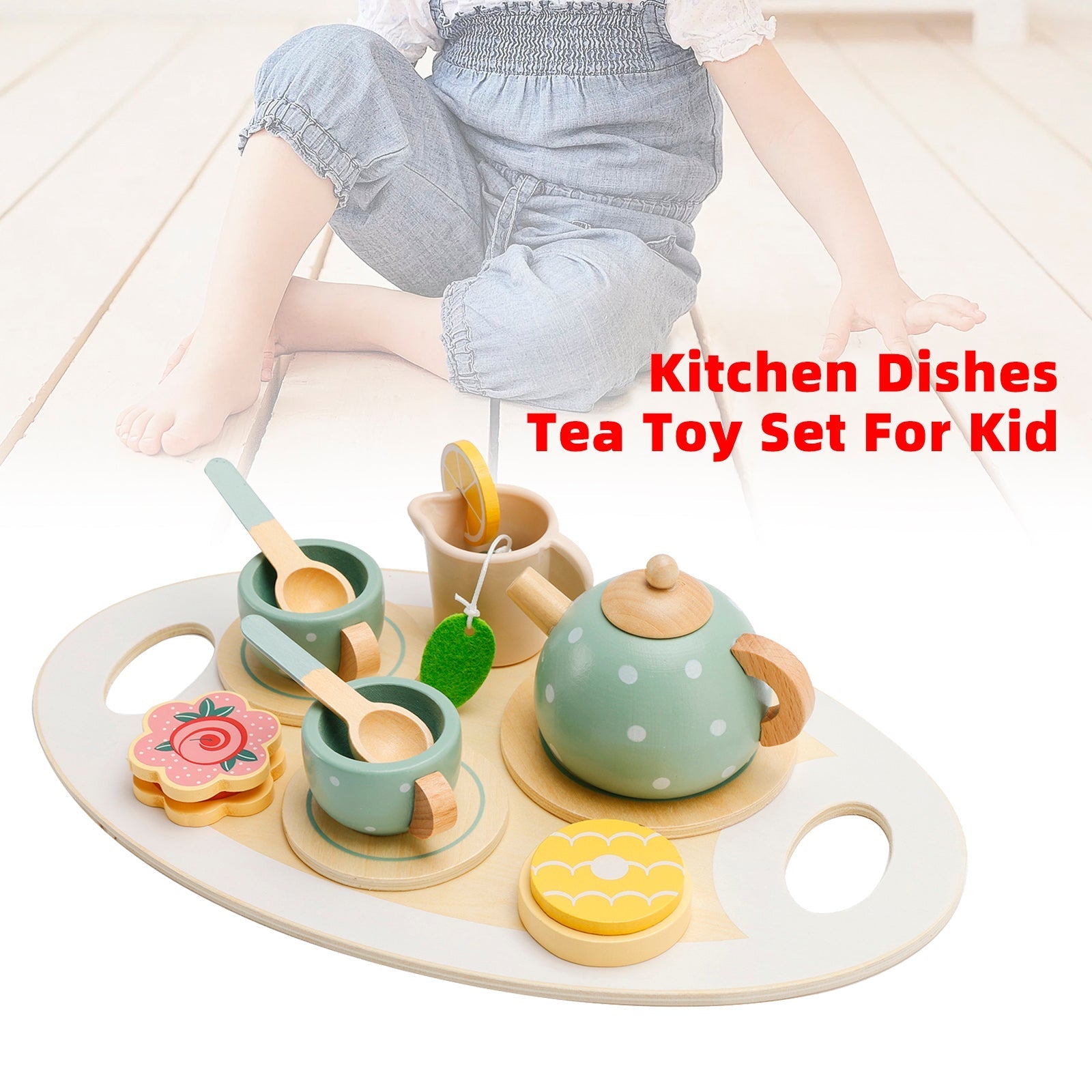 15 Piece Wooden Kitchen Toy Dishes and Tea Set for Children's Play Kitchen