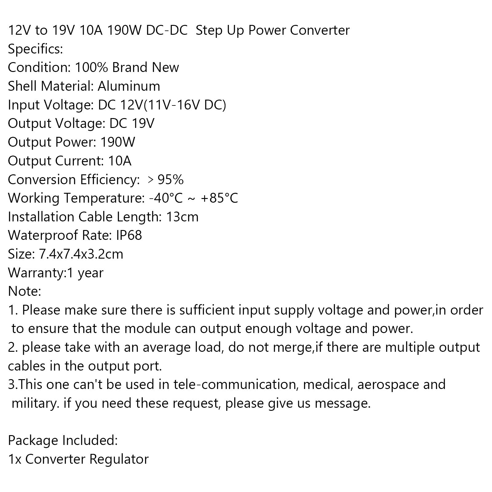190W Boost Converter 12V Input 19V Output 10A DC-DC Voltage Regulation Module