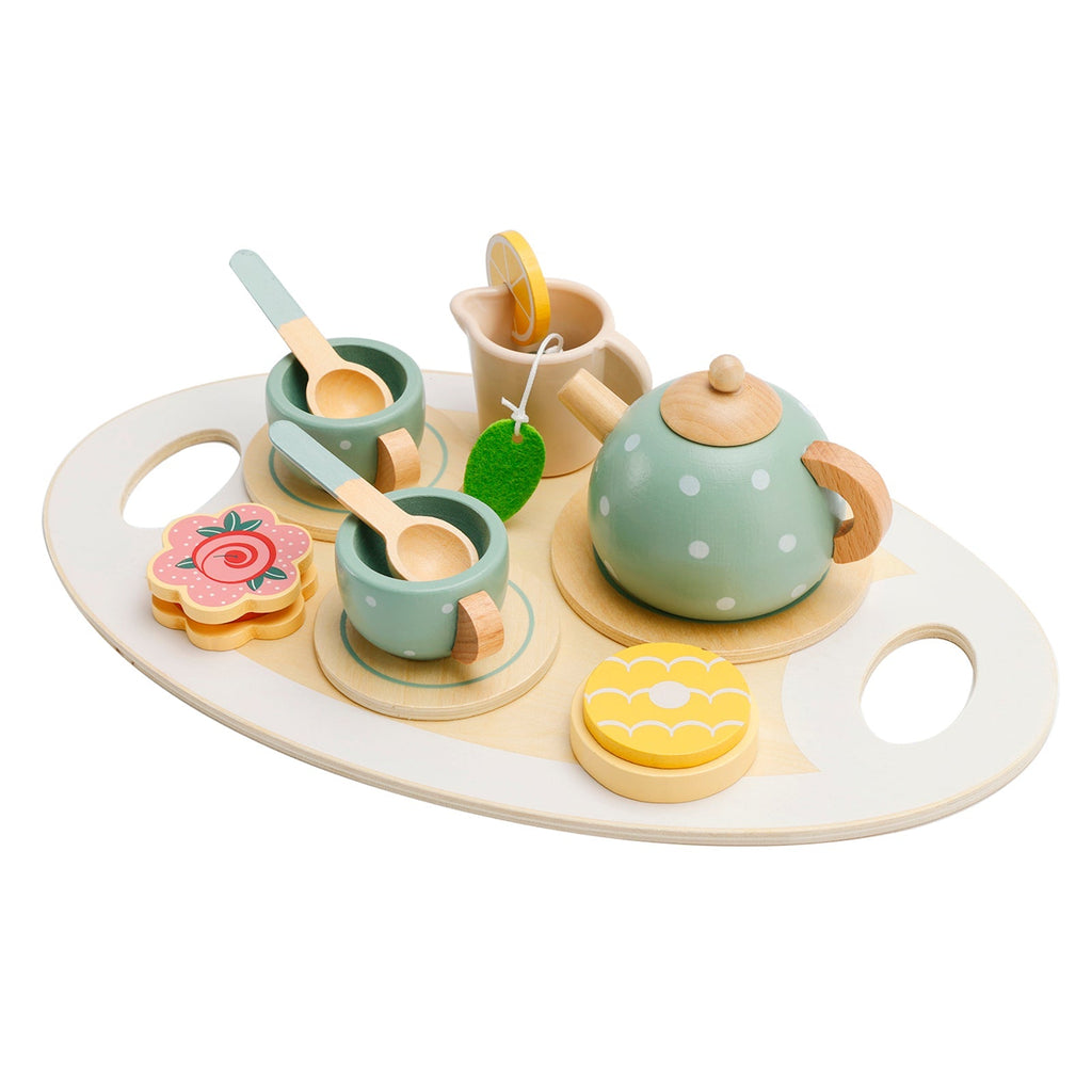 15 Piece Wooden Kitchen Toy Dishes and Tea Set for Children's Play Kitchen
