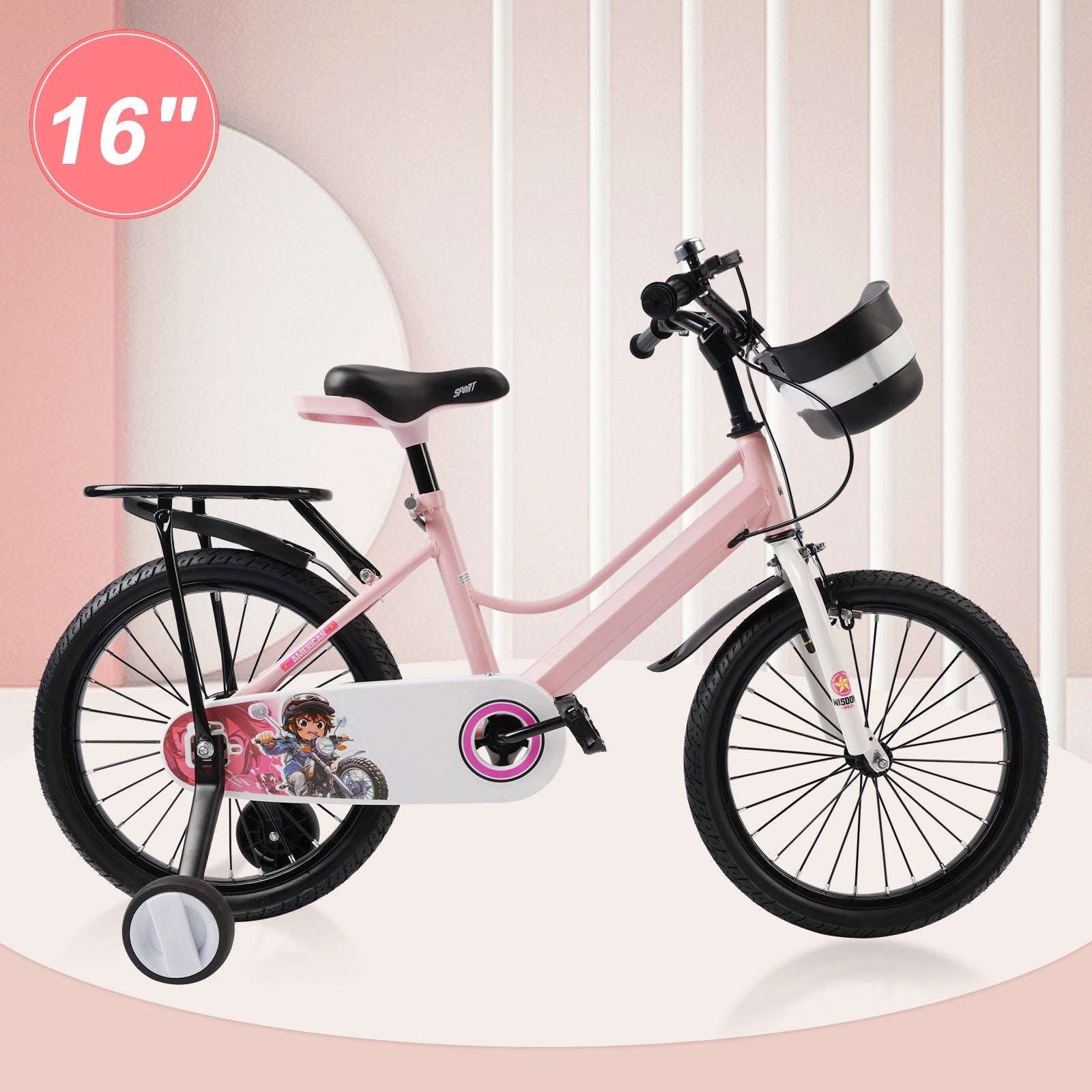 16 and 18 Inch Children's Bicycle with Balance Wheels, Rear Rack and Cargo Basket