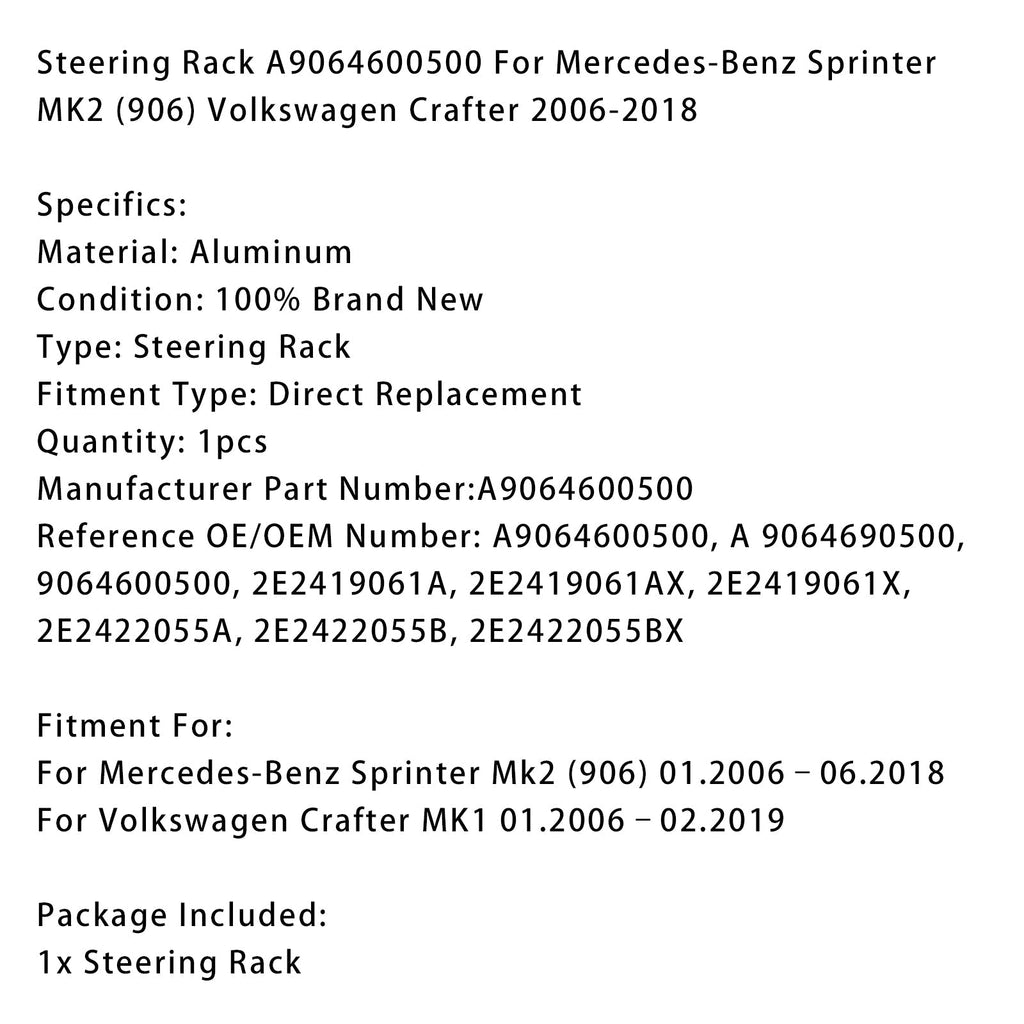 01.2006â06.2018 Mercedes-Benz Sprinter Mk2 (906) Steering Rack A9064600500 2E2422055A