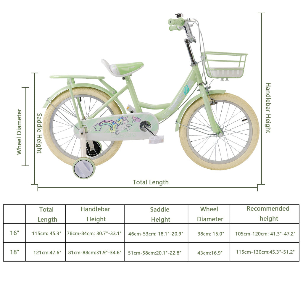 16 Inch Girls Bicycle with Training Wheels, Carrier Rack and Storage Basket Green