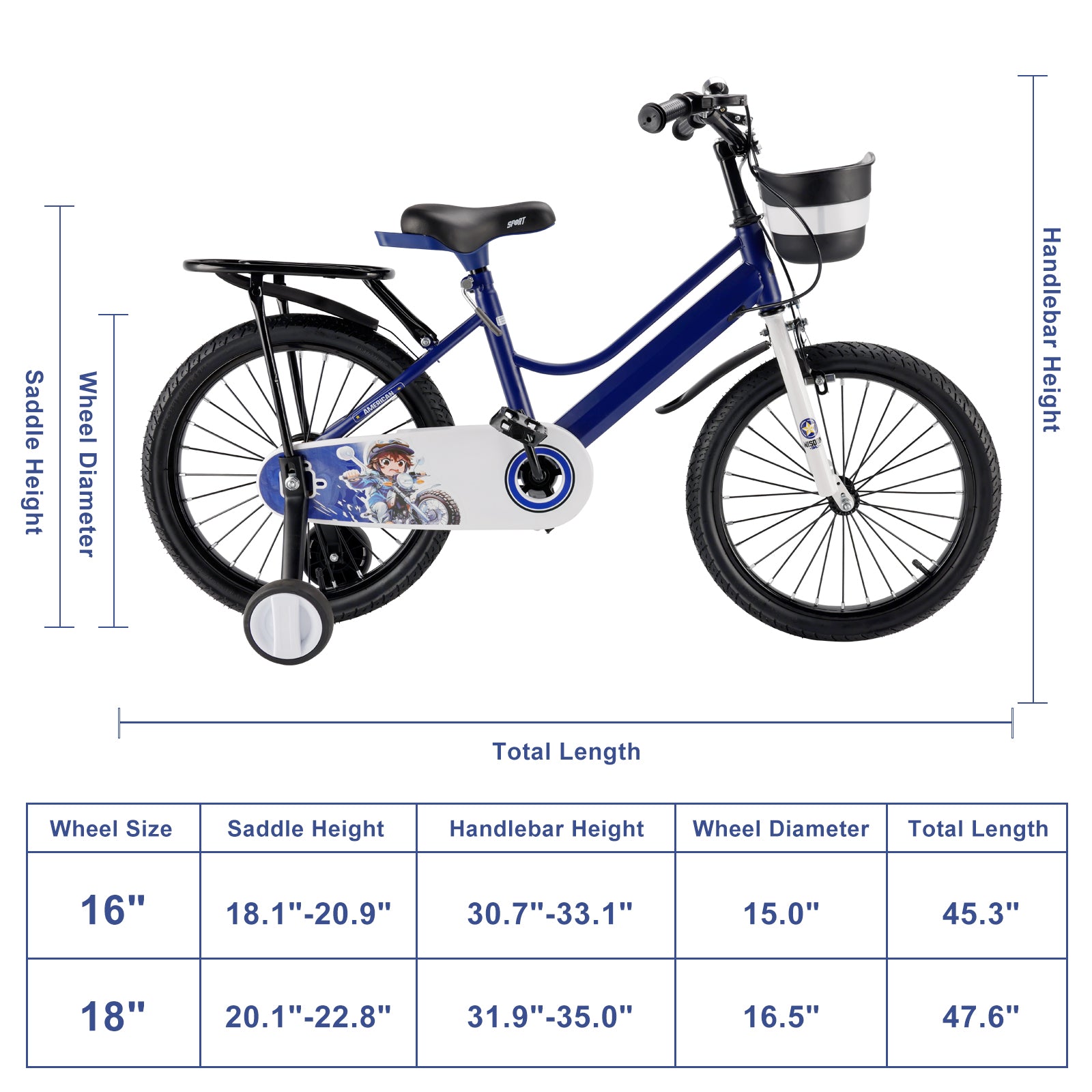 18-Inch Youth Bike featuring Stabilizer Wheels and Luggage Rack - Dark Blue