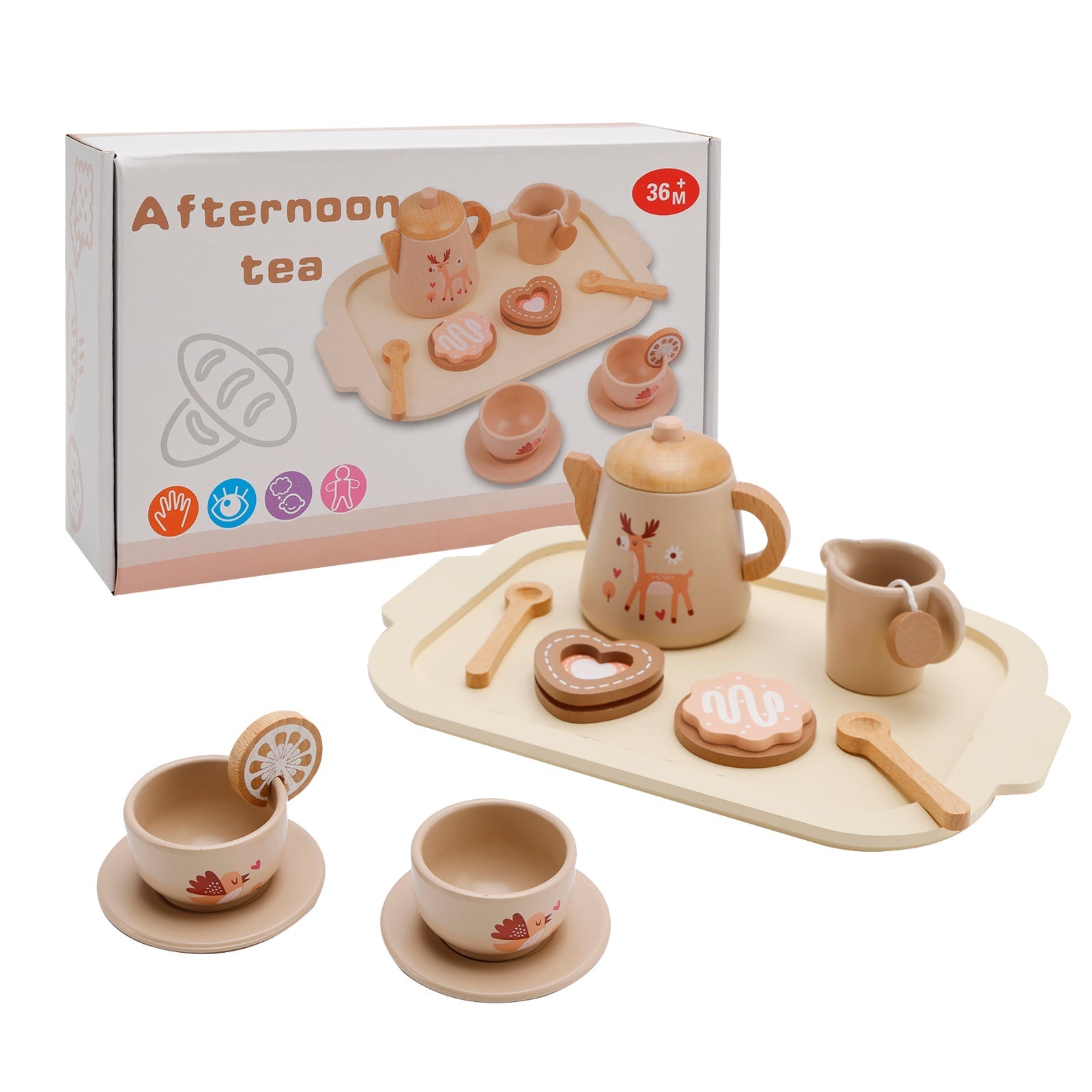 13-Piece Kids Play Kitchen Wooden Tableware and Tea Service Set