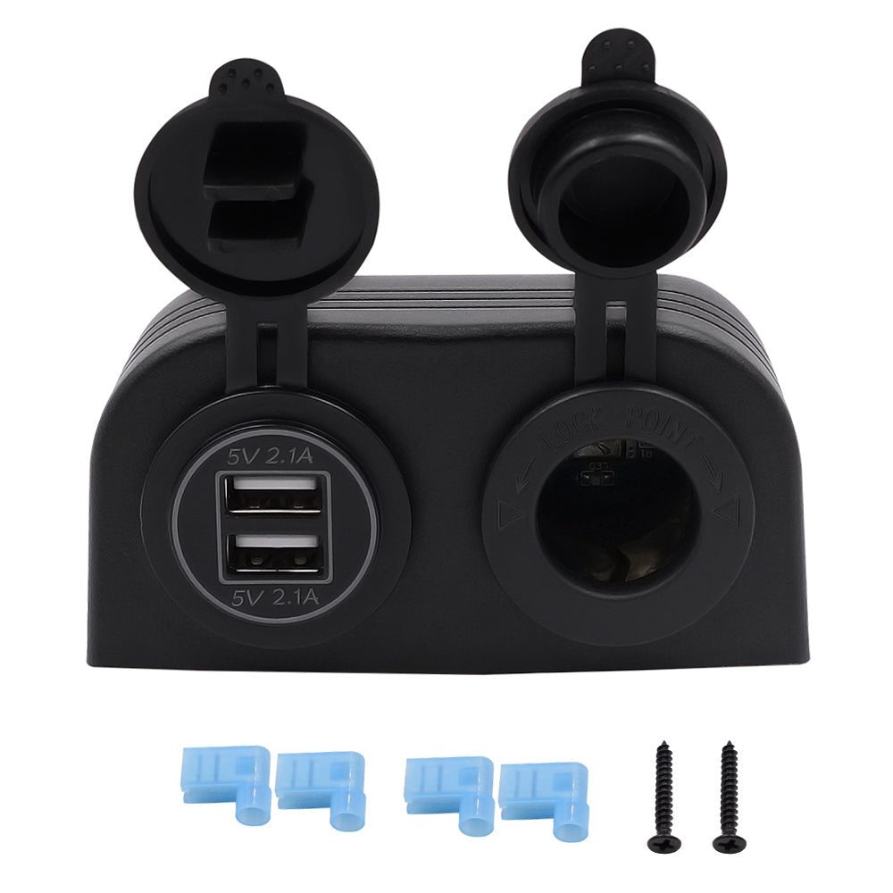 12V/24V Dual Socket Cigarette Lighter Charger Panel with 2 Hole Installation for Vehicles and Marine Use