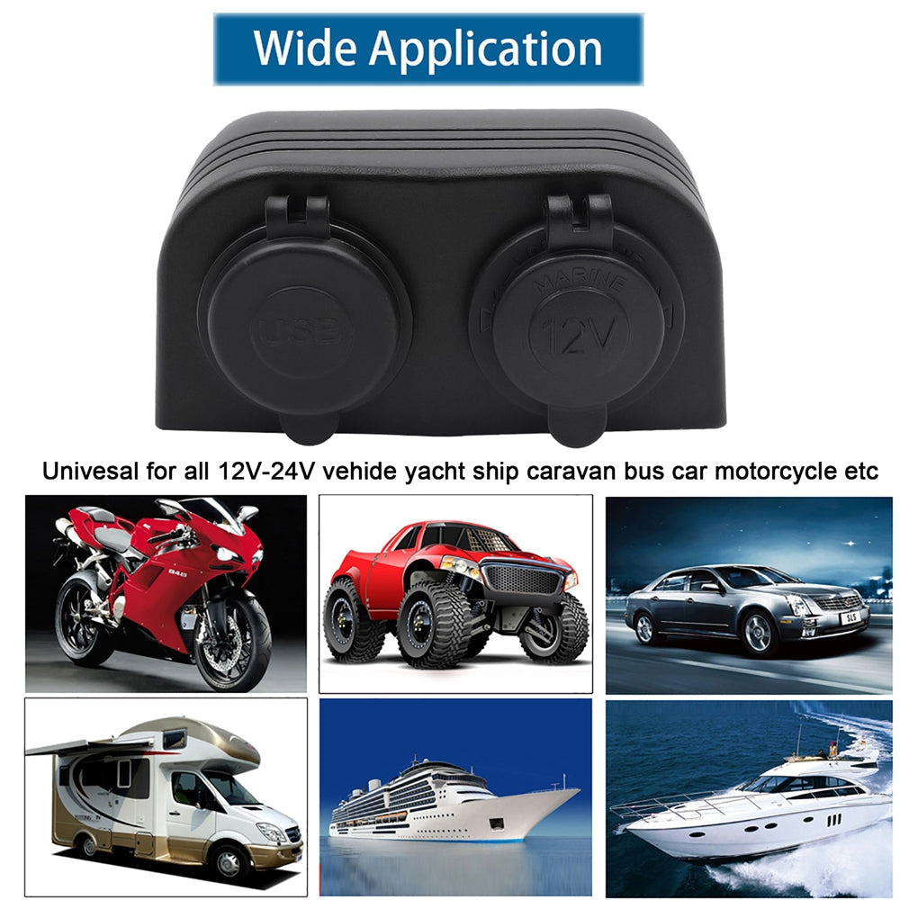 12V/24V Dual Socket Cigarette Lighter Charger Panel with 2 Hole Installation for Vehicles and Marine Use