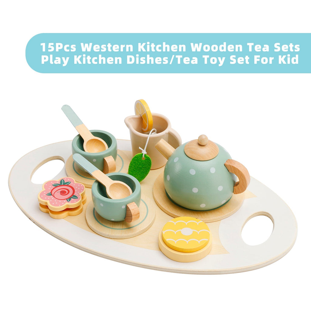 15 Piece Wooden Kitchen Toy Dishes and Tea Set for Children's Play Kitchen