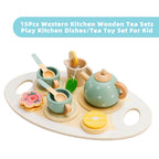 15 Piece Wooden Kitchen Toy Dishes and Tea Set for Children's Play Kitchen