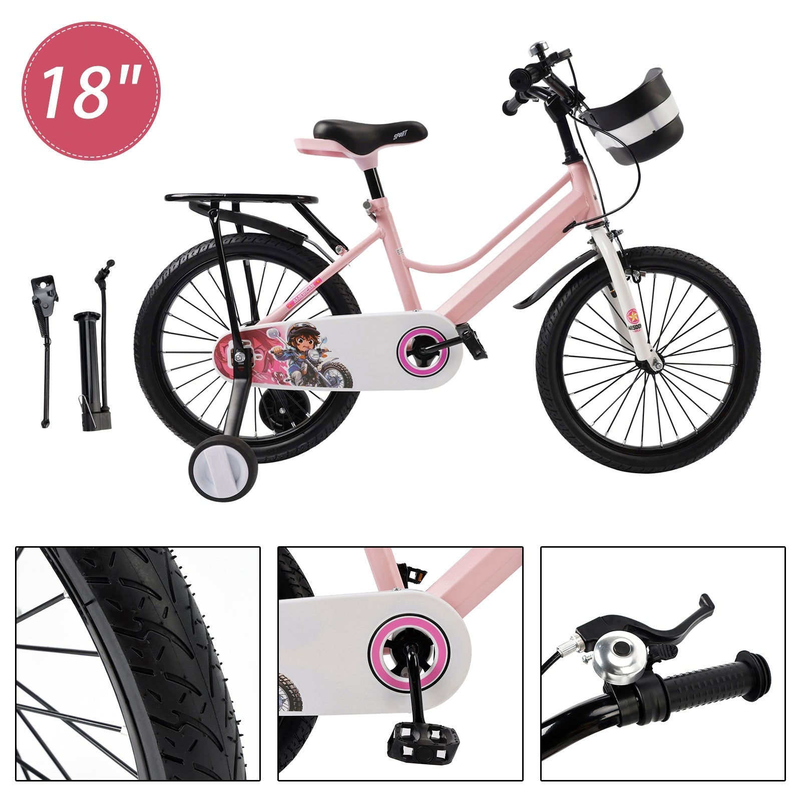 18 Inch Children's Bicycle with Training Wheels and Cargo Rack in Pink