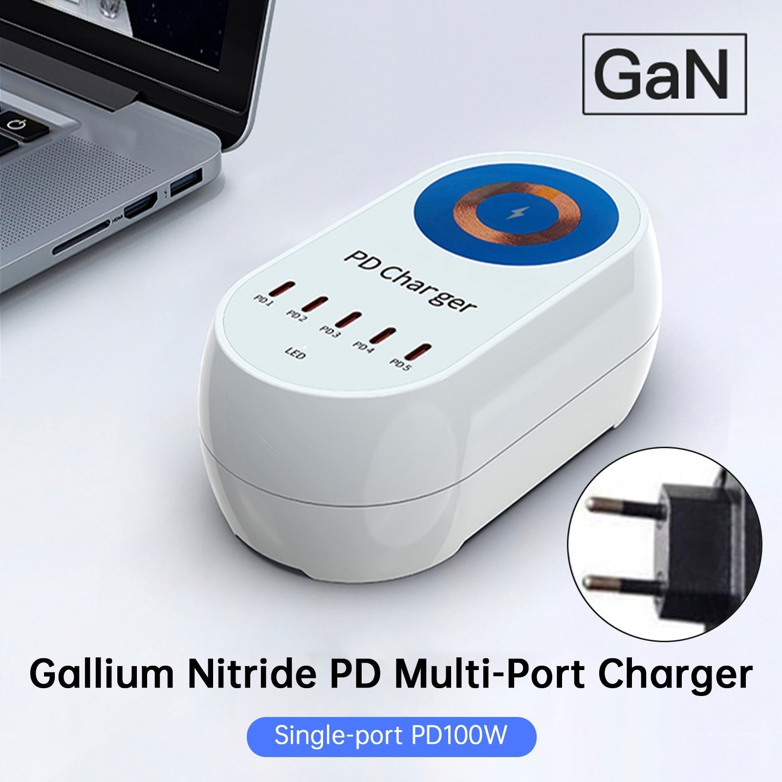 140W Power Delivery Multi-Port Fast Charger with Magnetic Wireless Charging for Laptops and Smartphones EU