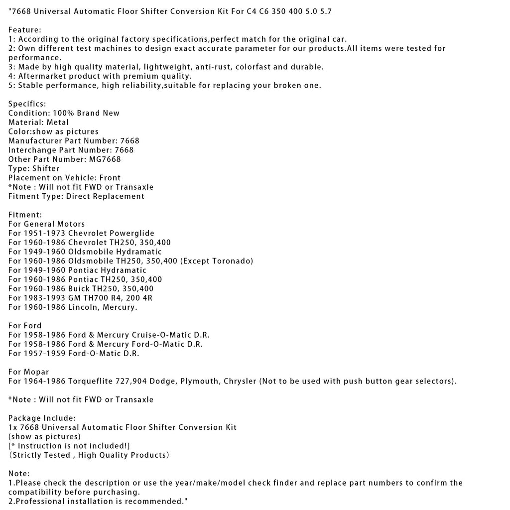 1958-1986 Ford Mercury Cruise-O-Matic D.R. 7668 Automatic Transmission Floor Shifter Kit