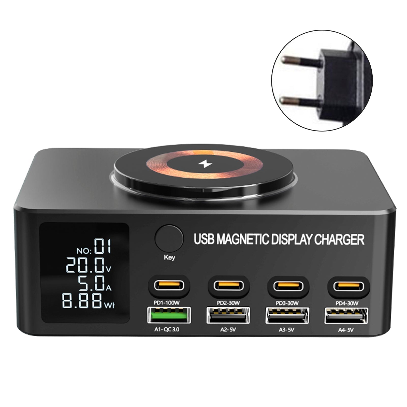 140W High-Speed USB Charger Station with PD100W Technology, Smart Digital Display, Multiple USB Ports, Magnetic Wireless Charging Capability, and EU Connector