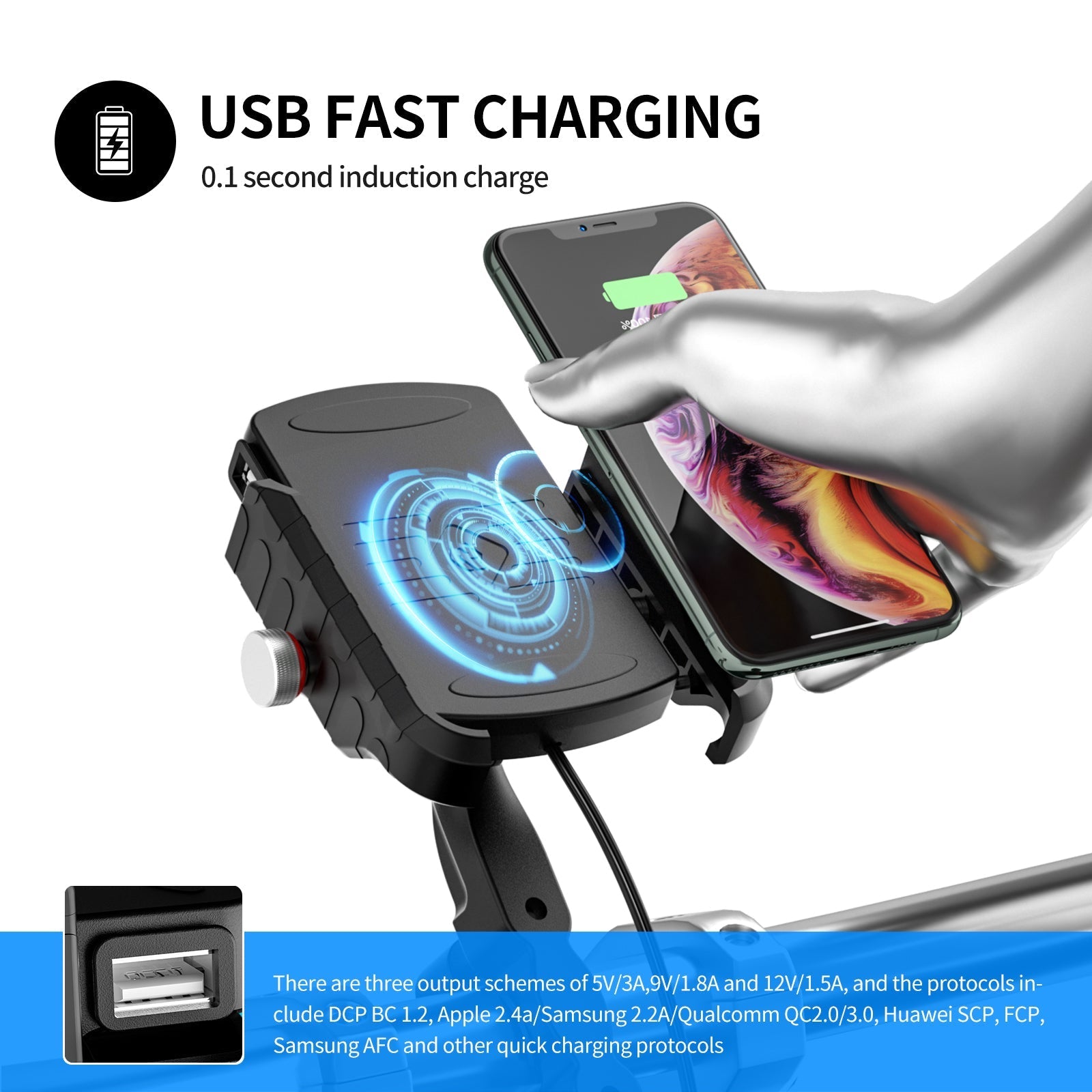 15W Fast Wireless Phone Charger Bracket with QC3.0 for Motorcycle and Scooter BlackB Generic