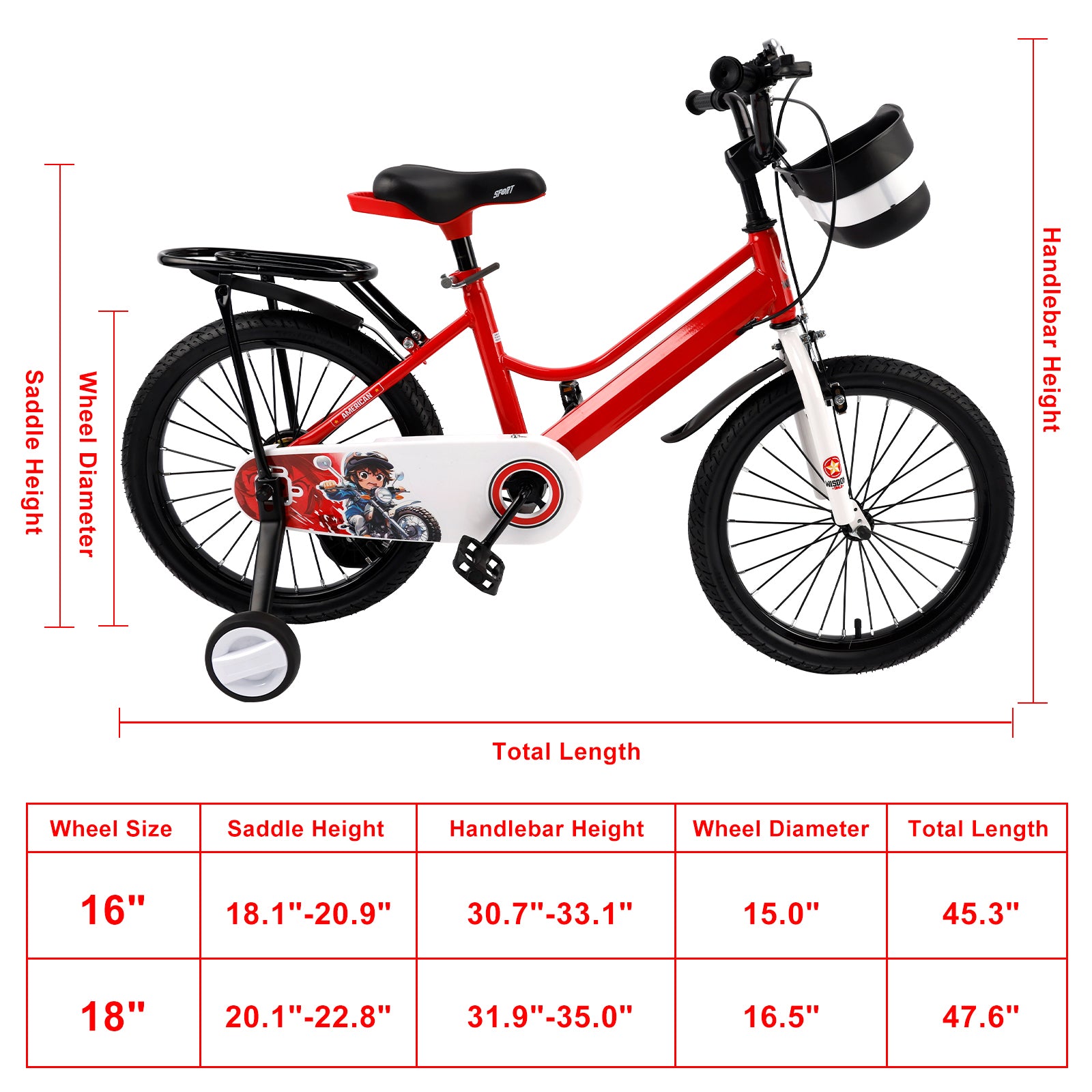 18 Inch Children's Bike Red with Stabilizer Wheels and Luggage Rack for Boys and Girls