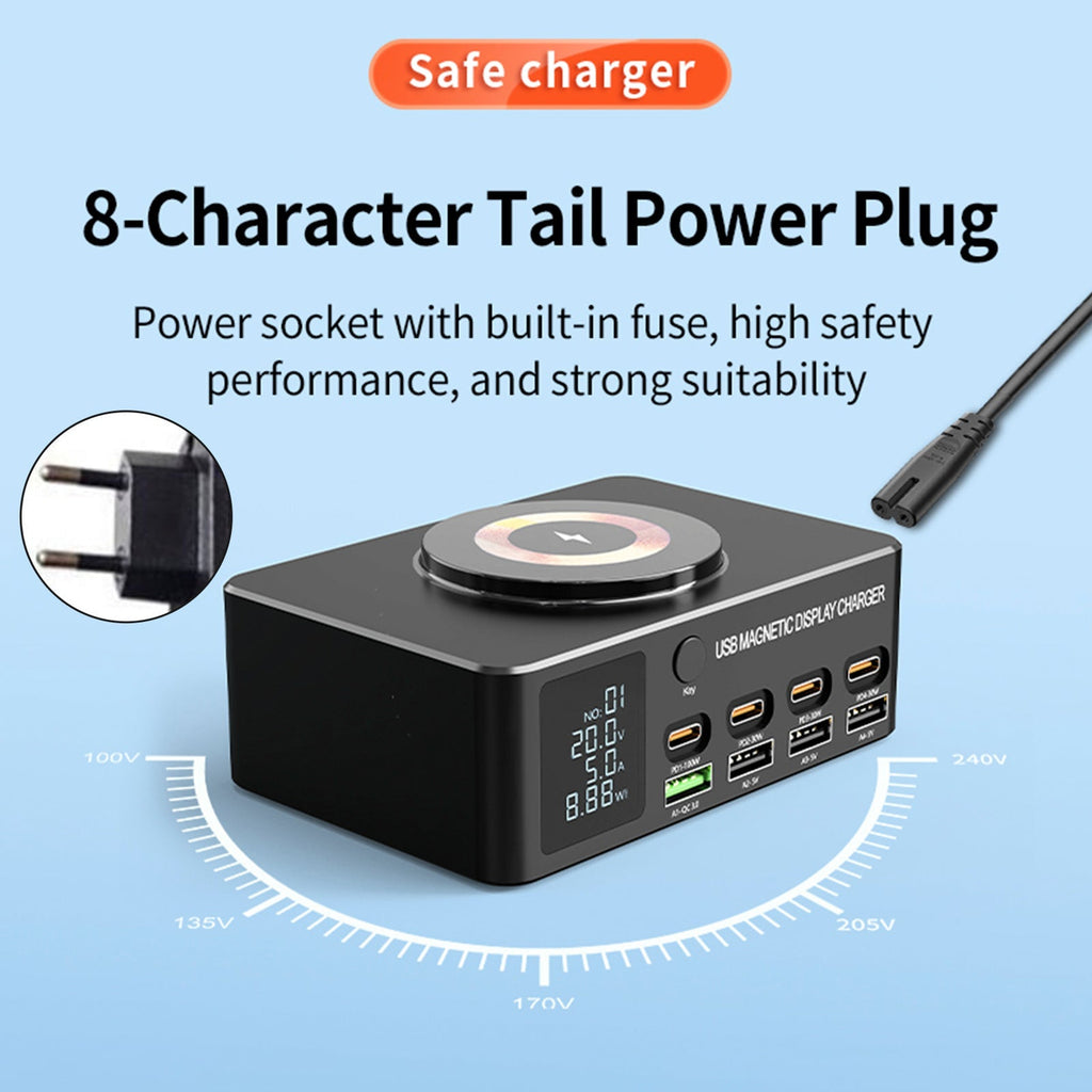 140W High-Speed USB Charger Station with PD100W Technology, Smart Digital Display, Multiple USB Ports, Magnetic Wireless Charging Capability, and EU Connector