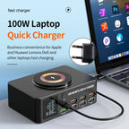140W High-Speed USB Charger Station with PD100W Technology, Smart Digital Display, Multiple USB Ports, Magnetic Wireless Charging Capability, and EU Connector