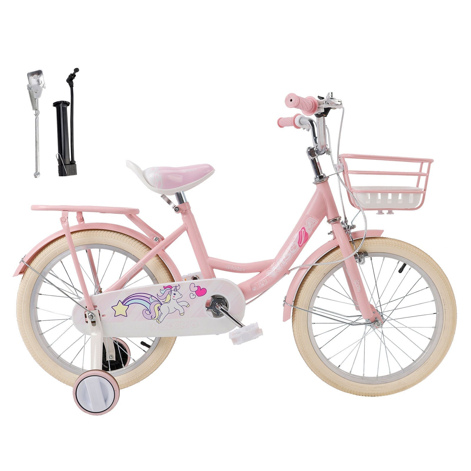 18 Inch Pink Girls Bicycle with Side Wheels, Storage Basket and Carrier Rack