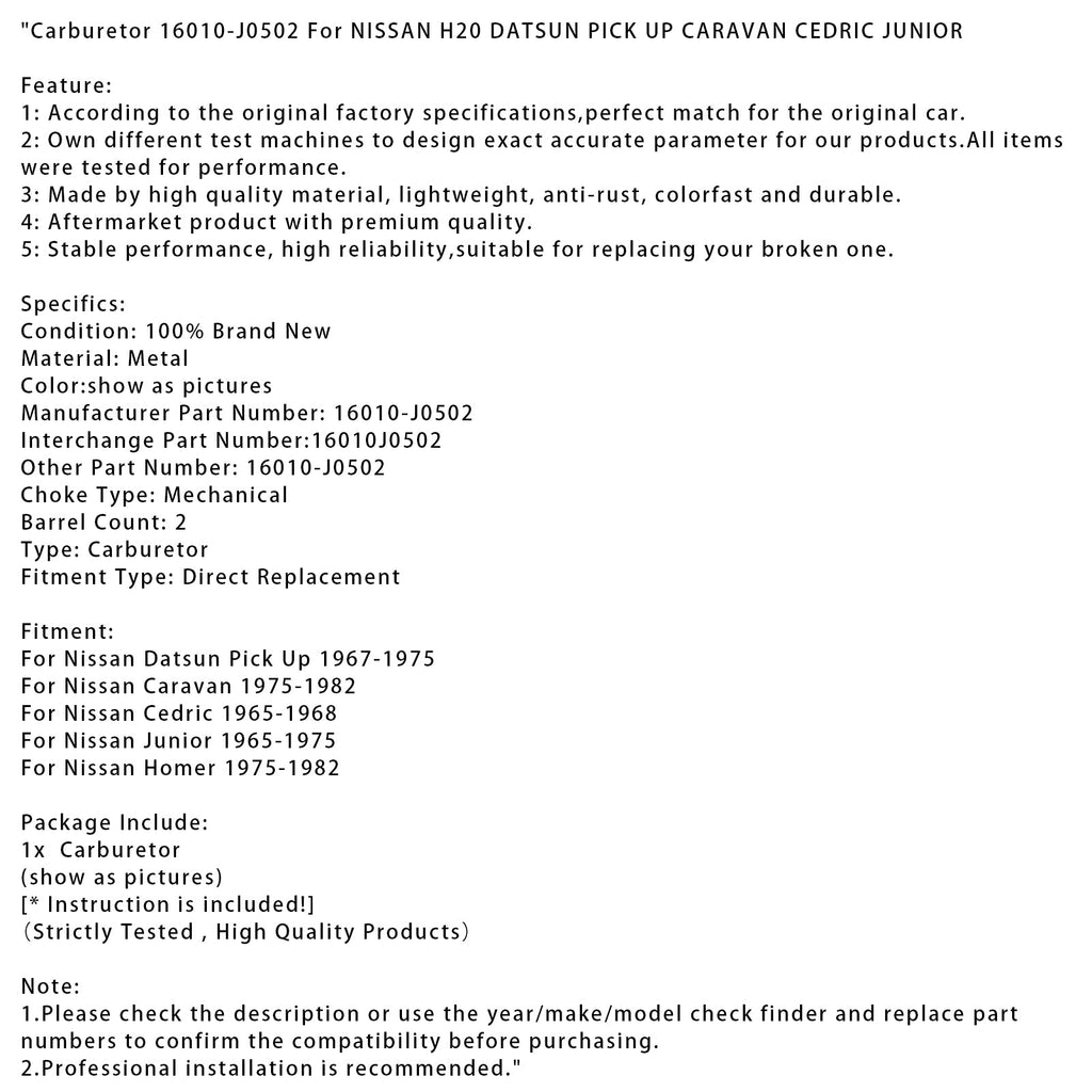 16010-J0502 Carburetor for 1975 1976 1977 1978 1979 1980 1981 1982 Nissan Caravan