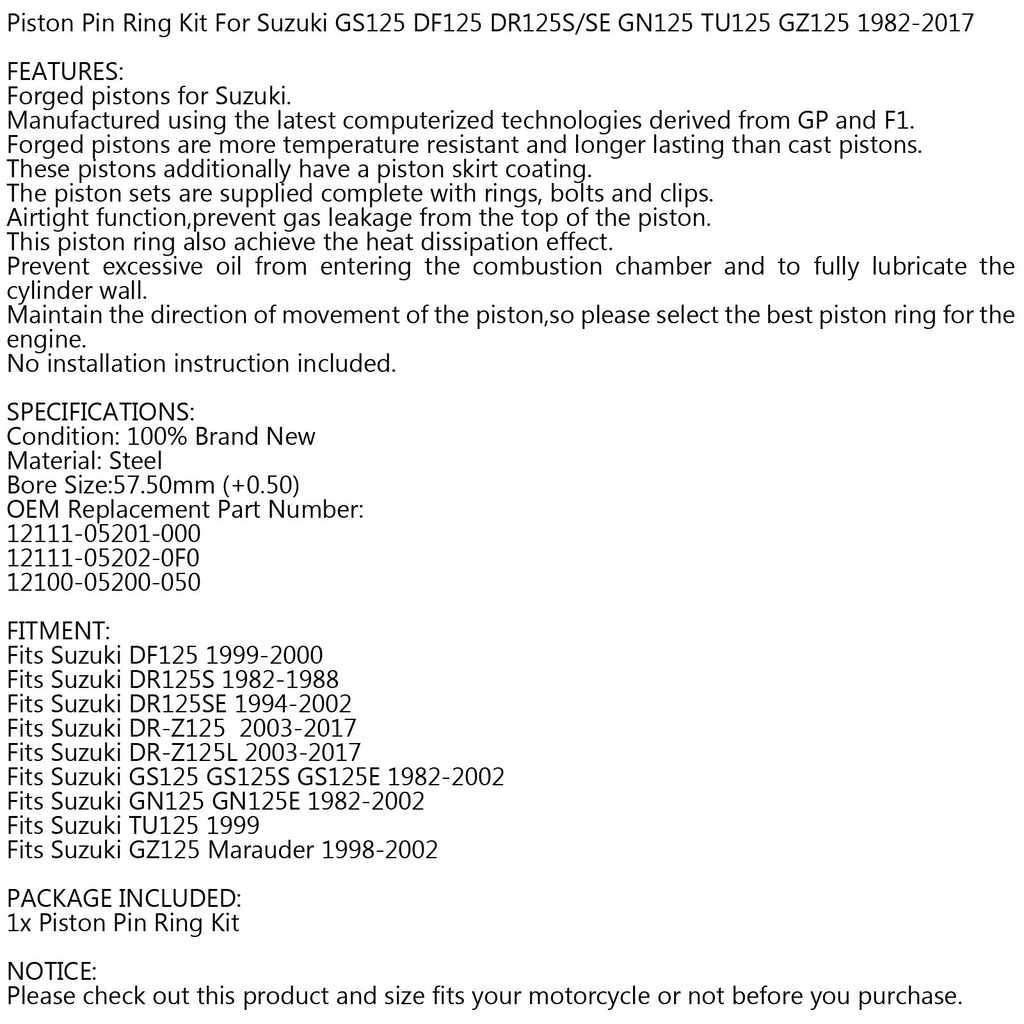 GS125 125cc Piston Assembly +0.50MM Oversize 57.50mm Bore Diameter 1982-2017 Models