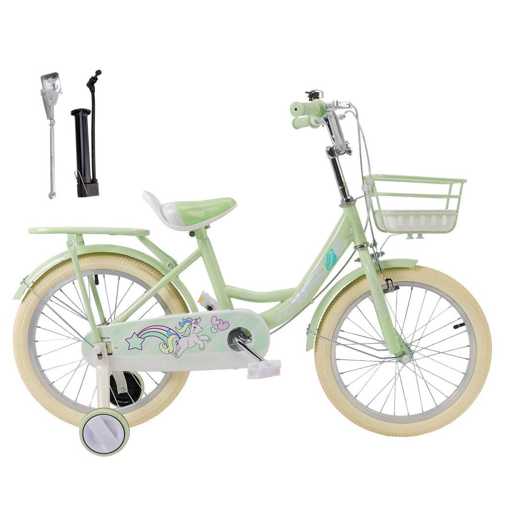 16" Green Girls Children's Bicycle featuring Side Wheels, Basket and Rear Cargo Rack