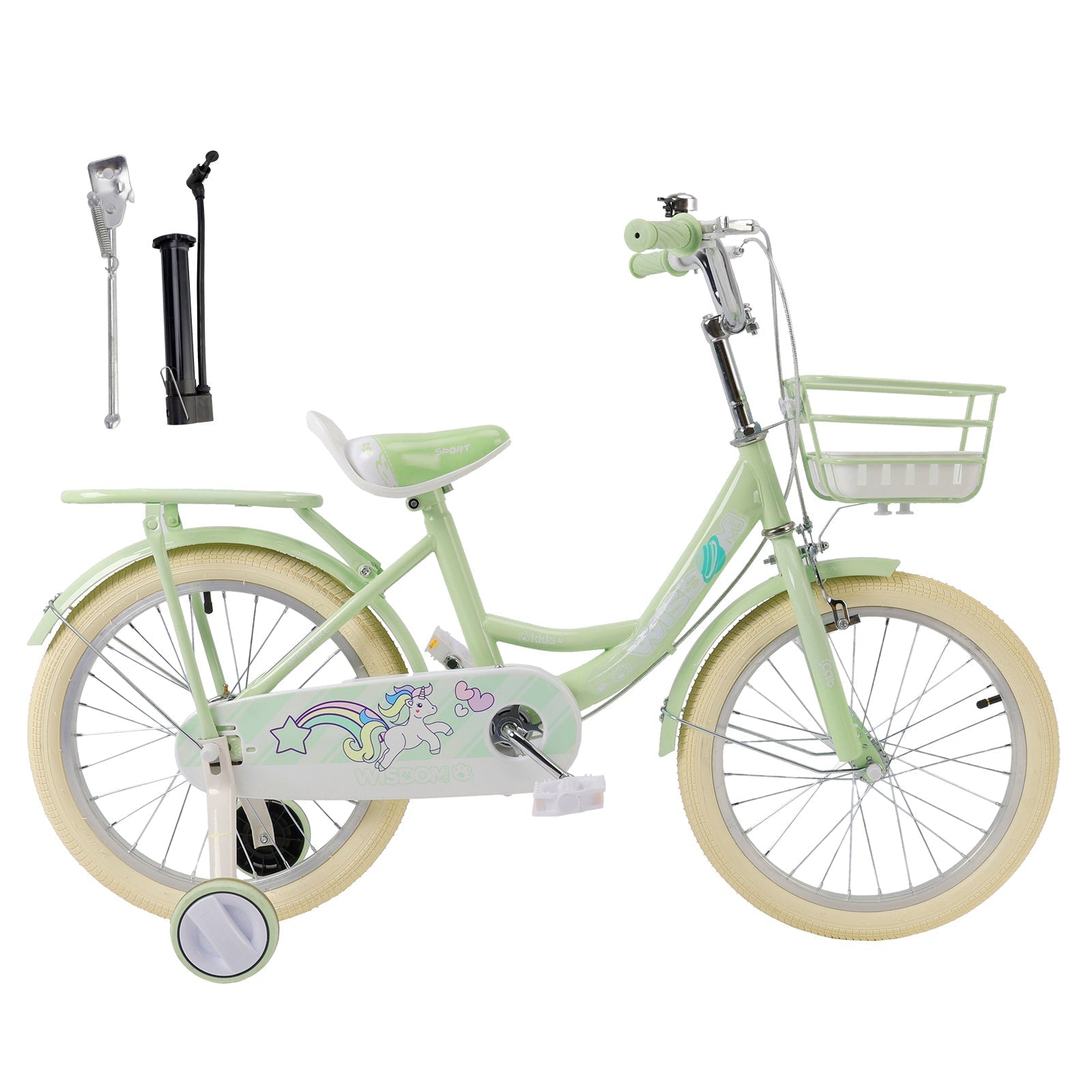 16" Green Girls Children's Bicycle featuring Side Wheels, Basket and Rear Cargo Rack