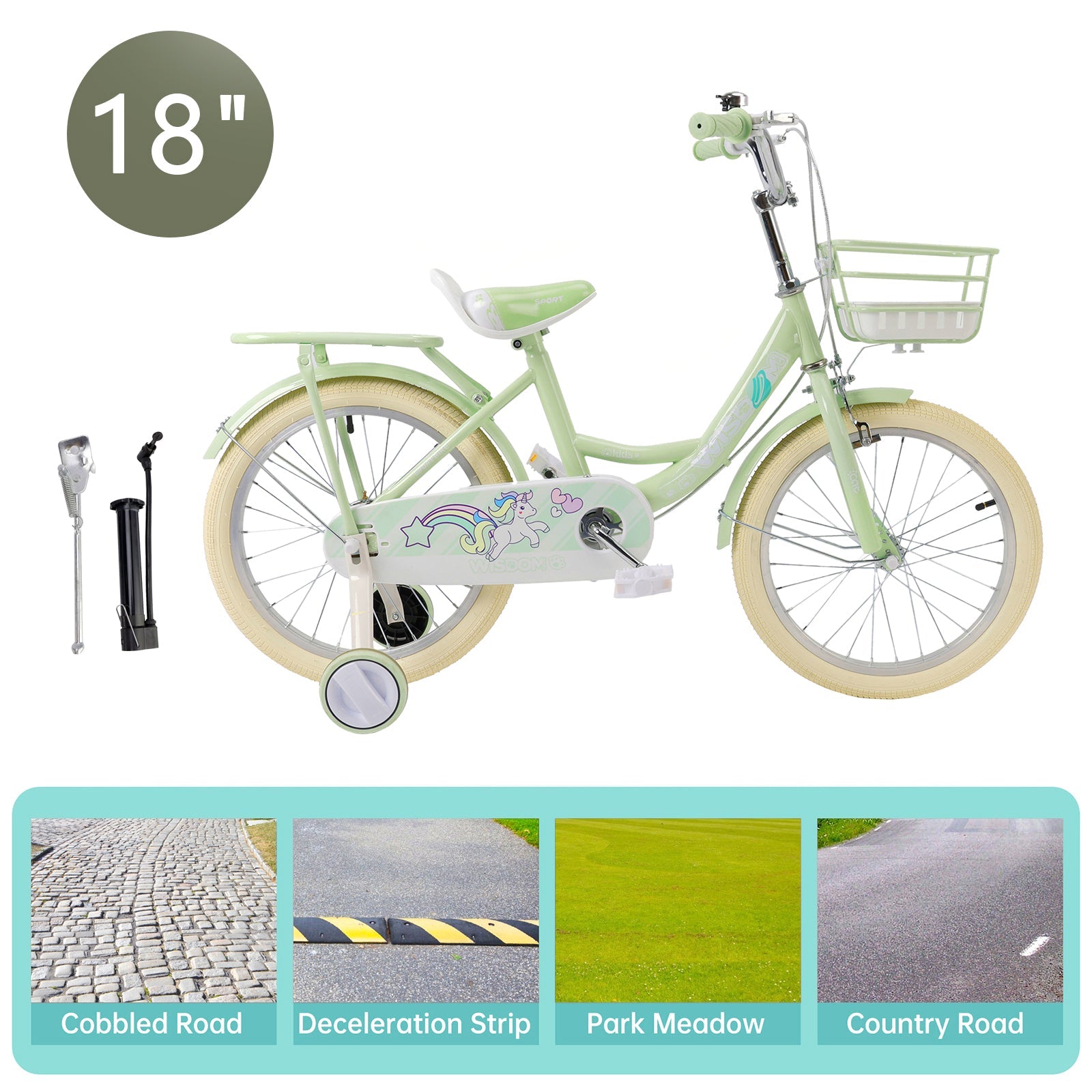 18 Inch Girls Bicycle with Training Wheels, Carrier Rack and Storage Basket in Green