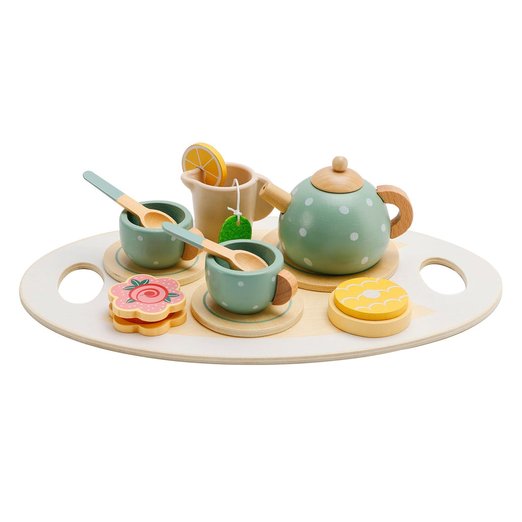 15 Piece Wooden Kitchen Toy Dishes and Tea Set for Children's Play Kitchen