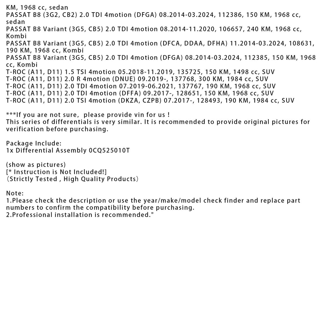 02.2013-C10.2020 Audi A3 Sportback 2.0 TDI quattro (8VA, 8VF) Rear Differential Gear Assembly 0CQ525010T