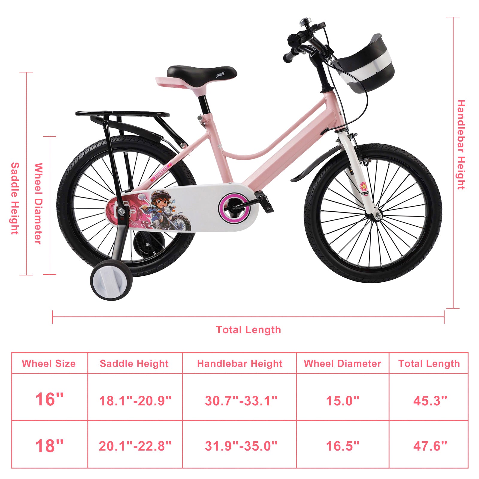 16" and 18" Youth Bike with Stabilizer Wheels, Front Basket and Luggage Rack