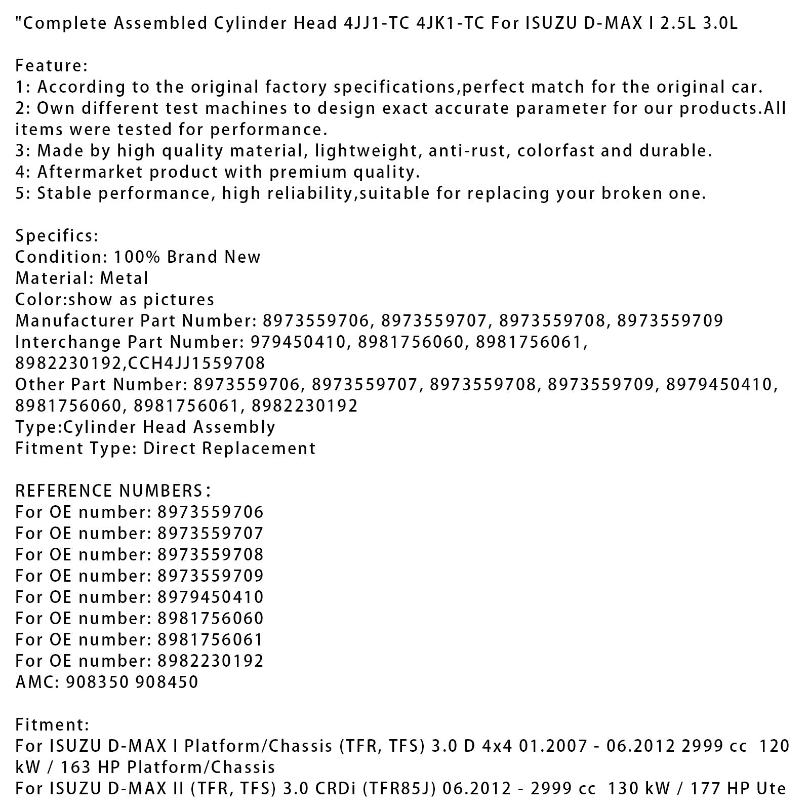 01.2007-06.2012 ISUZU RODEO I (TFR, TFS) 3.0 DiTD (TFR85_) Complete Assembled Cylinder Head 4JJ1-TC 4JK1-TC