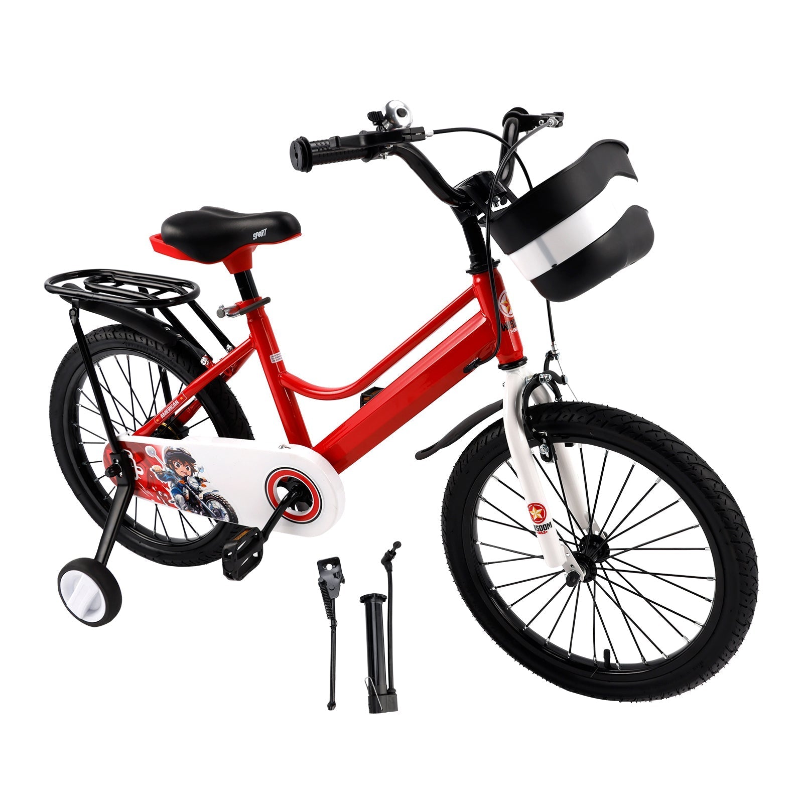18 Inch Children's Bike Red with Stabilizer Wheels and Luggage Rack for Boys and Girls