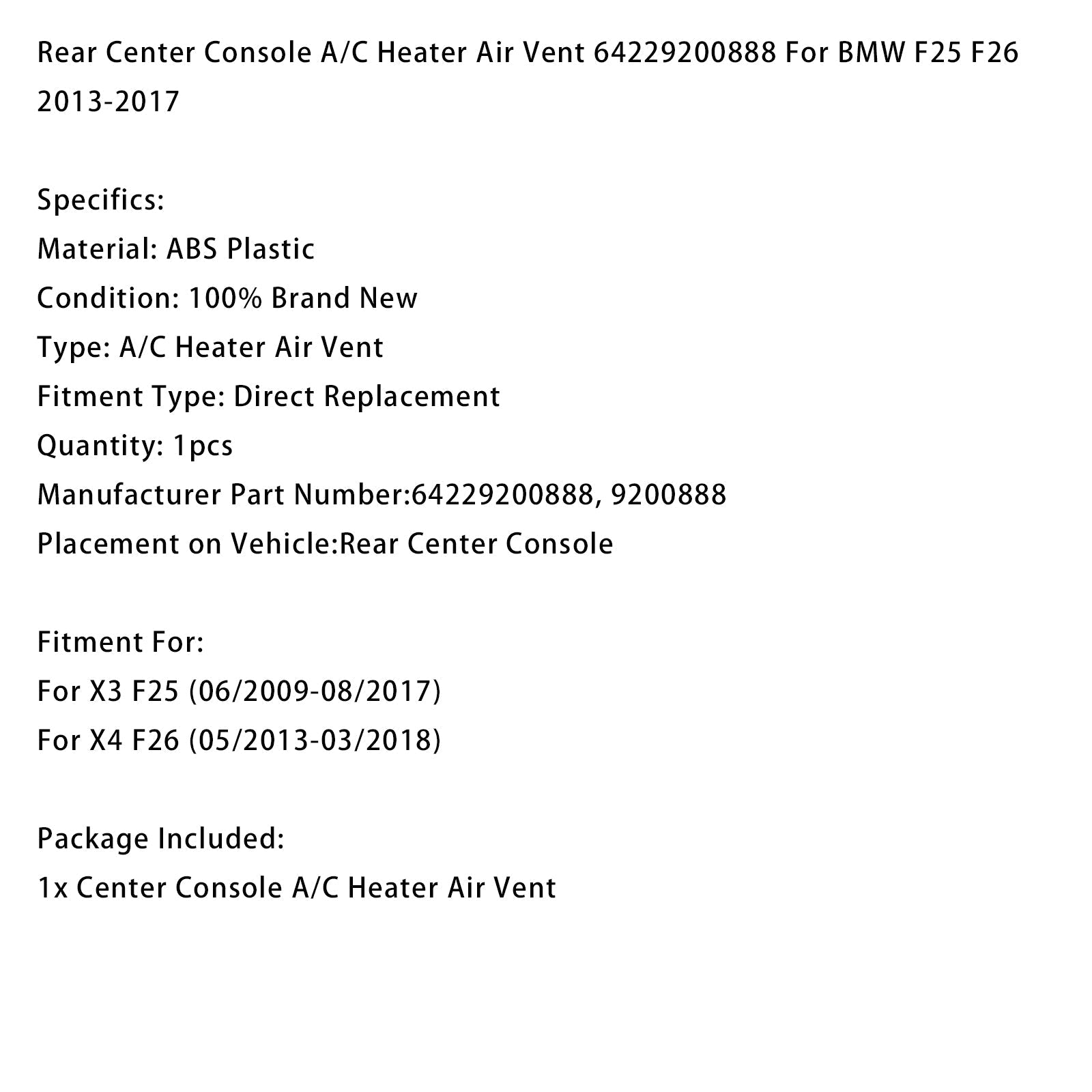 BMW X4 F26 2013-2018 Rear Air Vent Console Assembly 64229200888