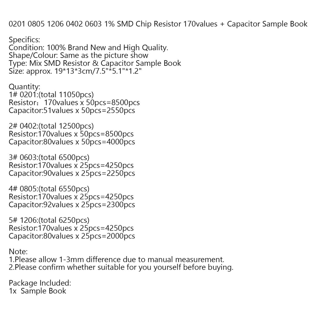 0201 0402 0603 0805 1206 170-Value 1% SMD Resistor and Capacitor Sample Assortment Book