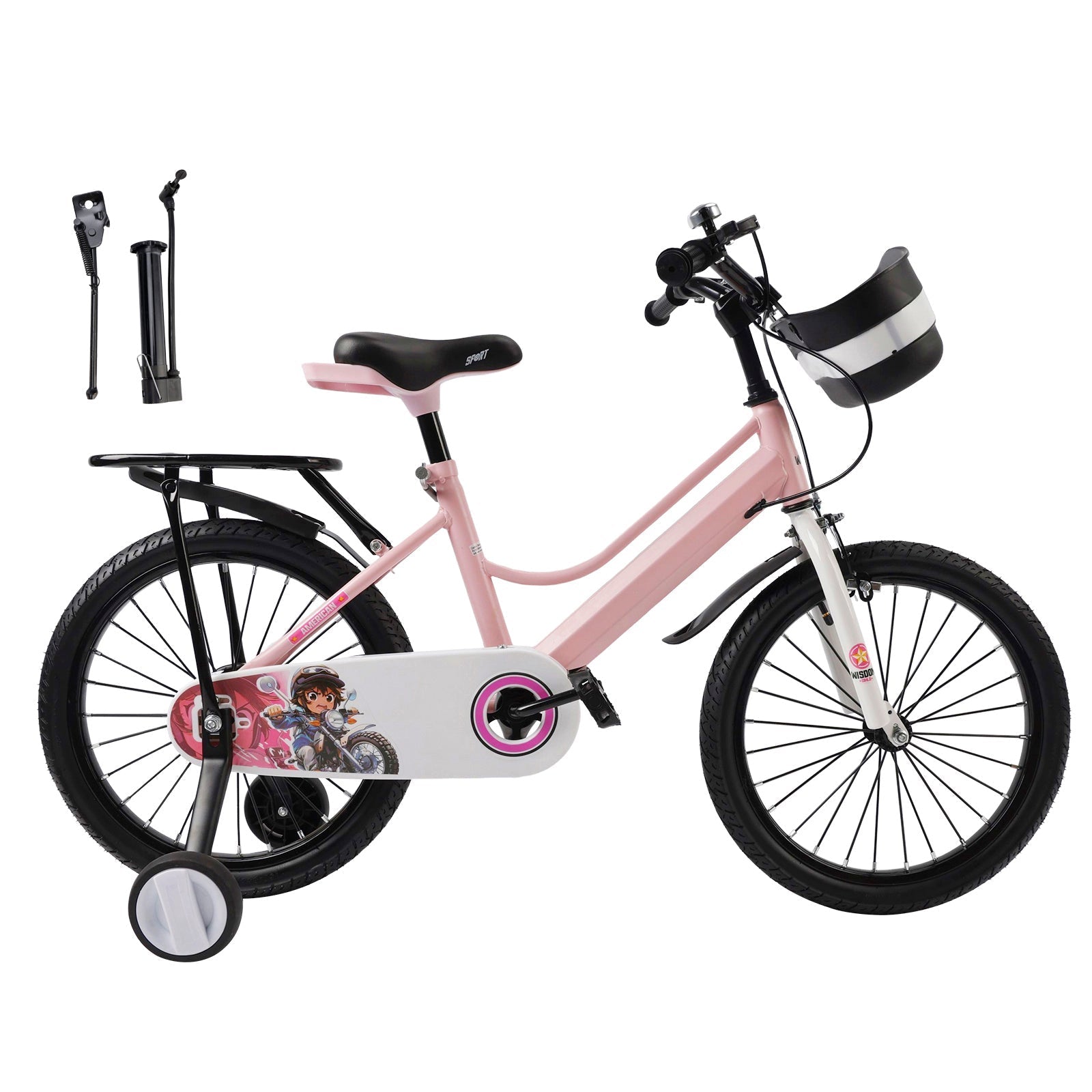 18" Youth Bike with Kickstand, Training Wheels and Baggage Rack - Pink