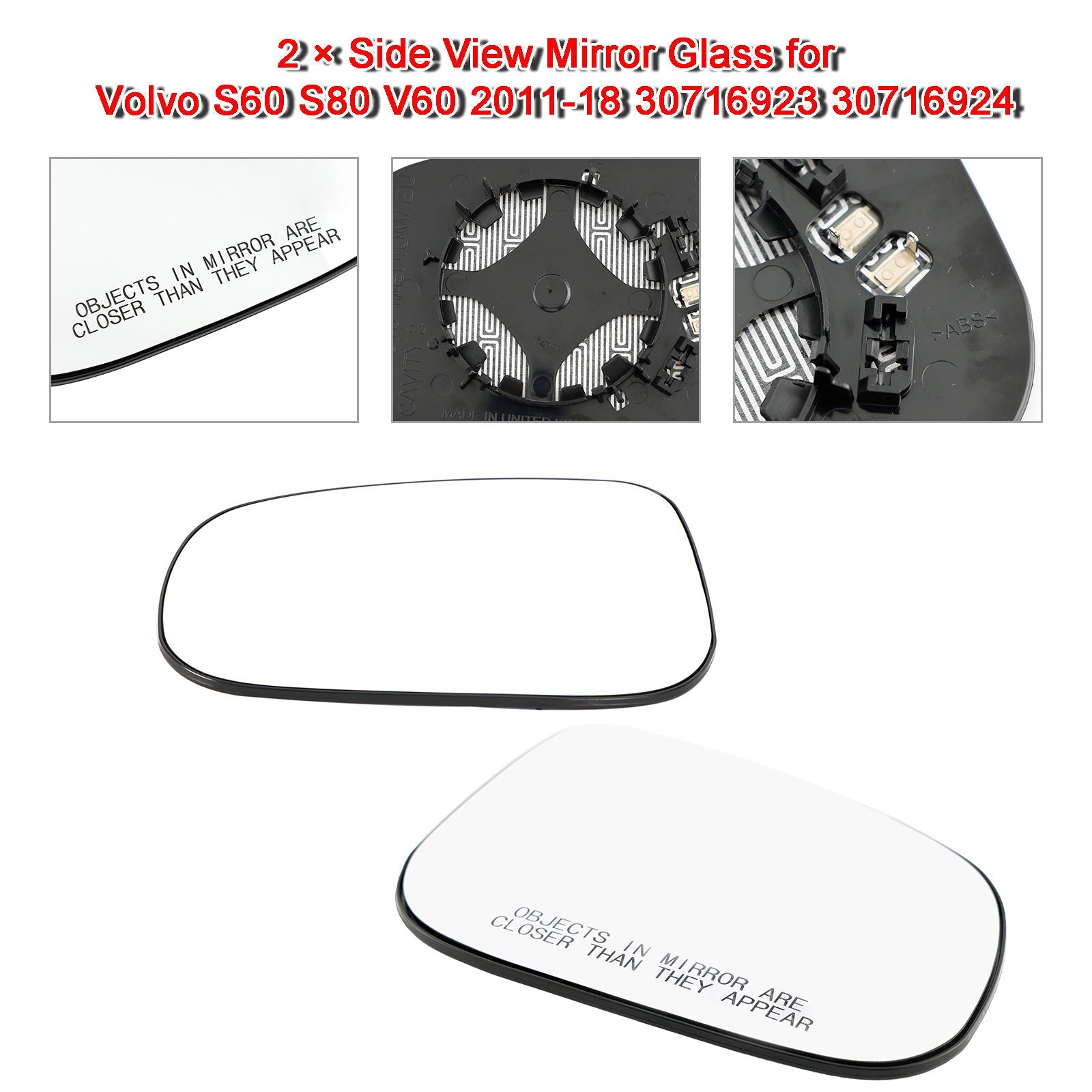 Replacement Side View Mirror Glass Set for 2011-18 Volvo S60 V60 S80