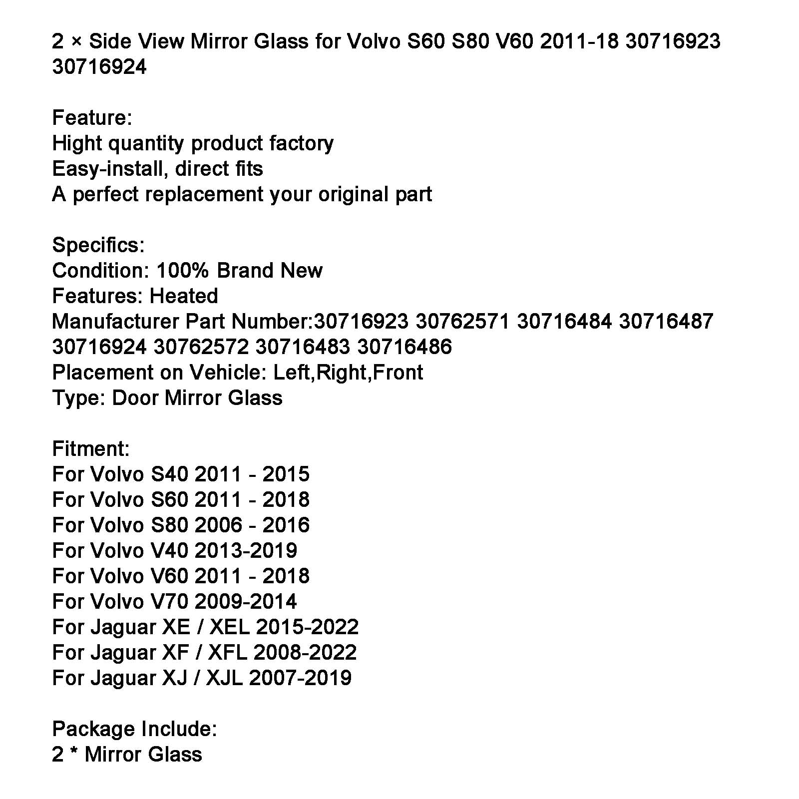 Replacement Side View Mirror Glass Set for 2011-18 Volvo S60 V60 S80
