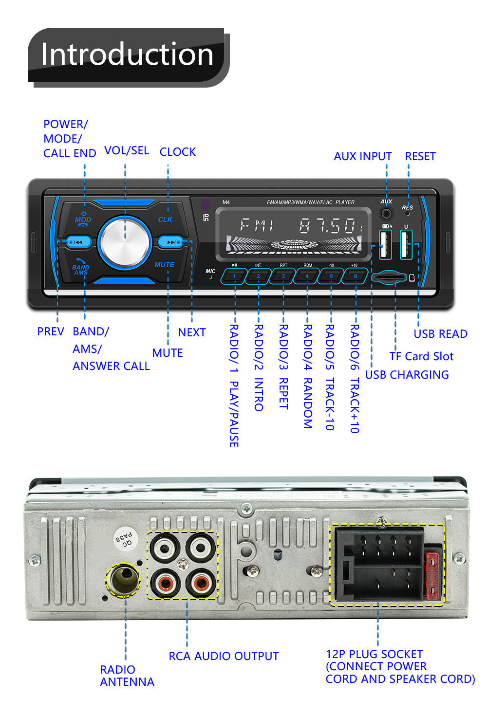 1 DIN In-Dash Bluetooth Stereo Radio MP3 Player with USB AUX FM AM RDS DAB