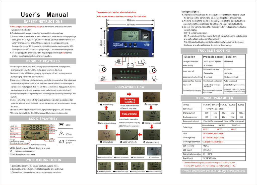 MPPT PWM Solar Battery Charger Controller 12V-24V Compatible with Lead-Acid and Lithium Lifepo4