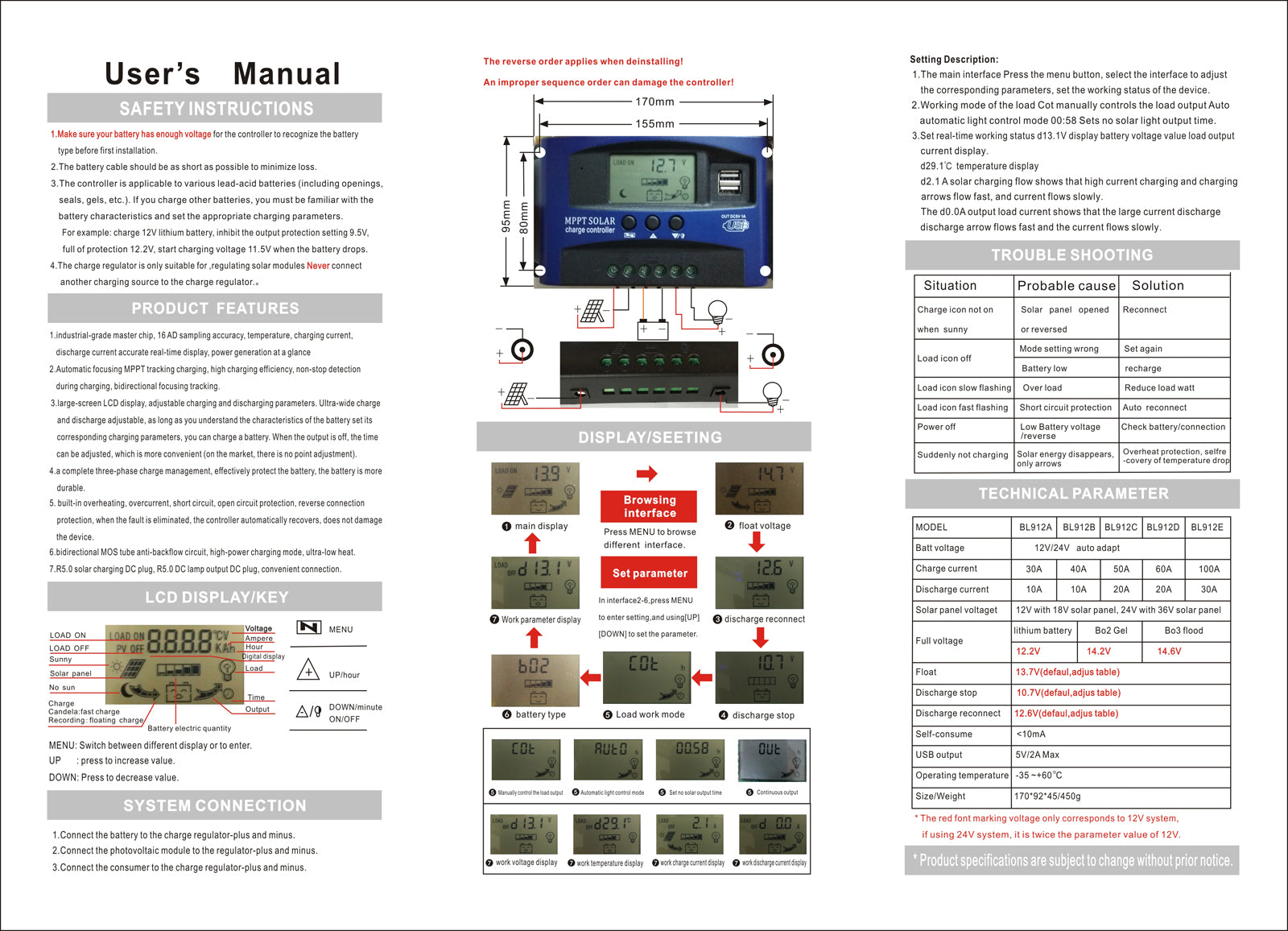 MPPT PWM Solar Battery Charger Controller 12V-24V Compatible with Lead-Acid and Lithium Lifepo4