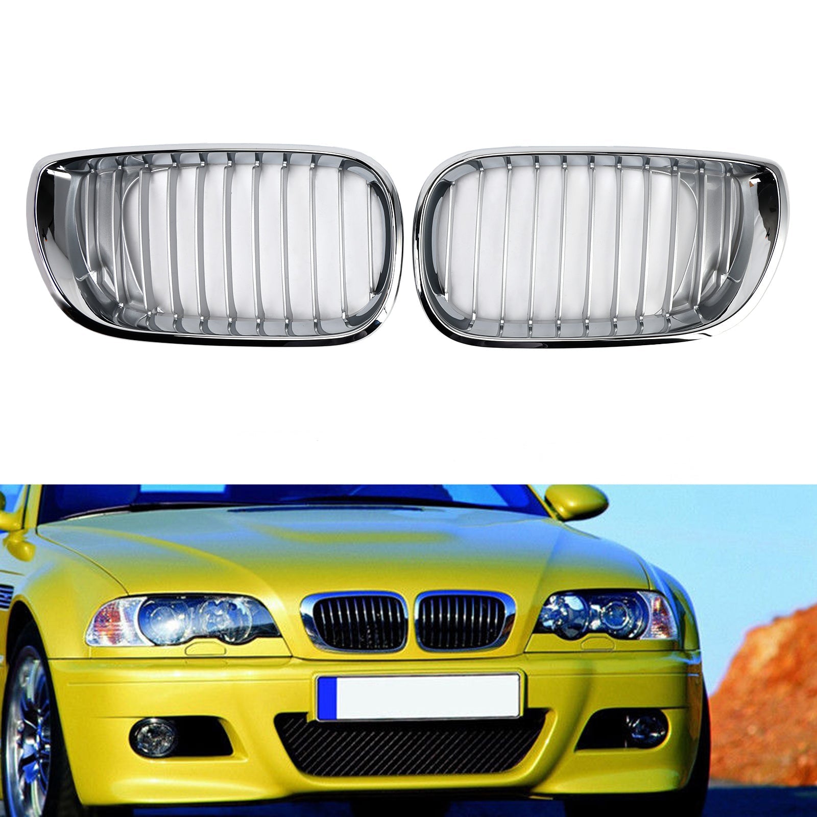 2002-2005 E46 BMW 3 Series 4-Door Chrome Front Kidney Hood Grill Insert