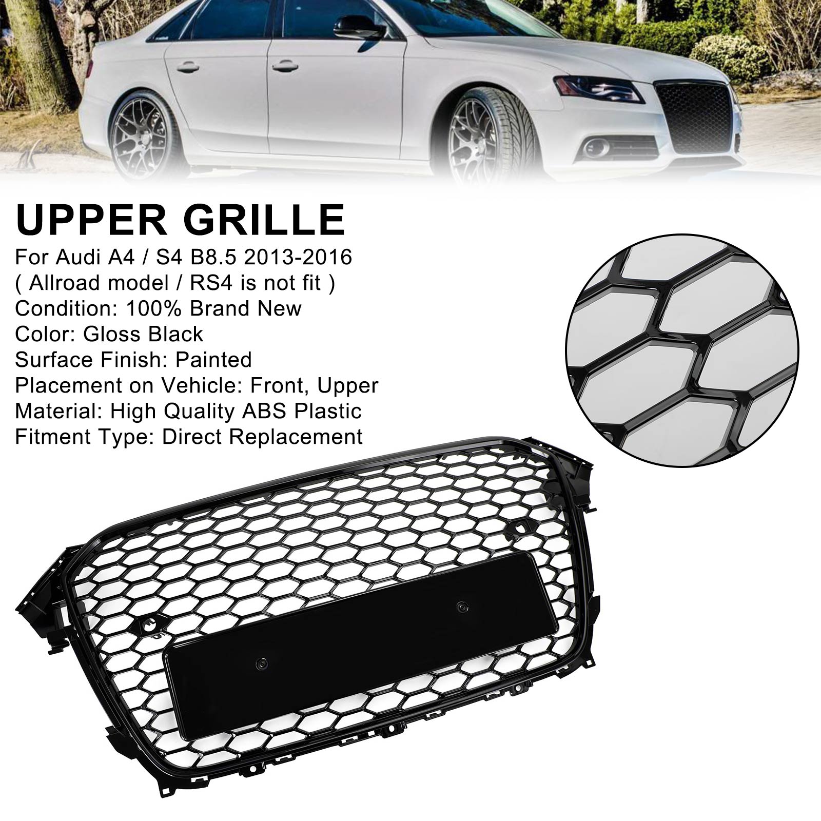 13-16 Audi A4 S4 RS4 Style Gloss Black Mesh Bumper Front Grille
