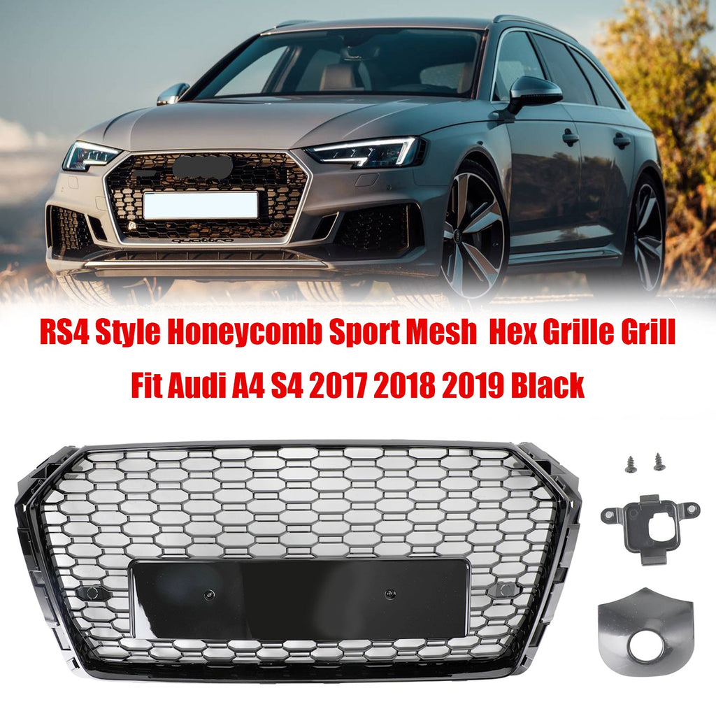 16-19 Audi A4 S4 Front Grille Black RS4 Honeycomb Mesh Hex Style Replacement