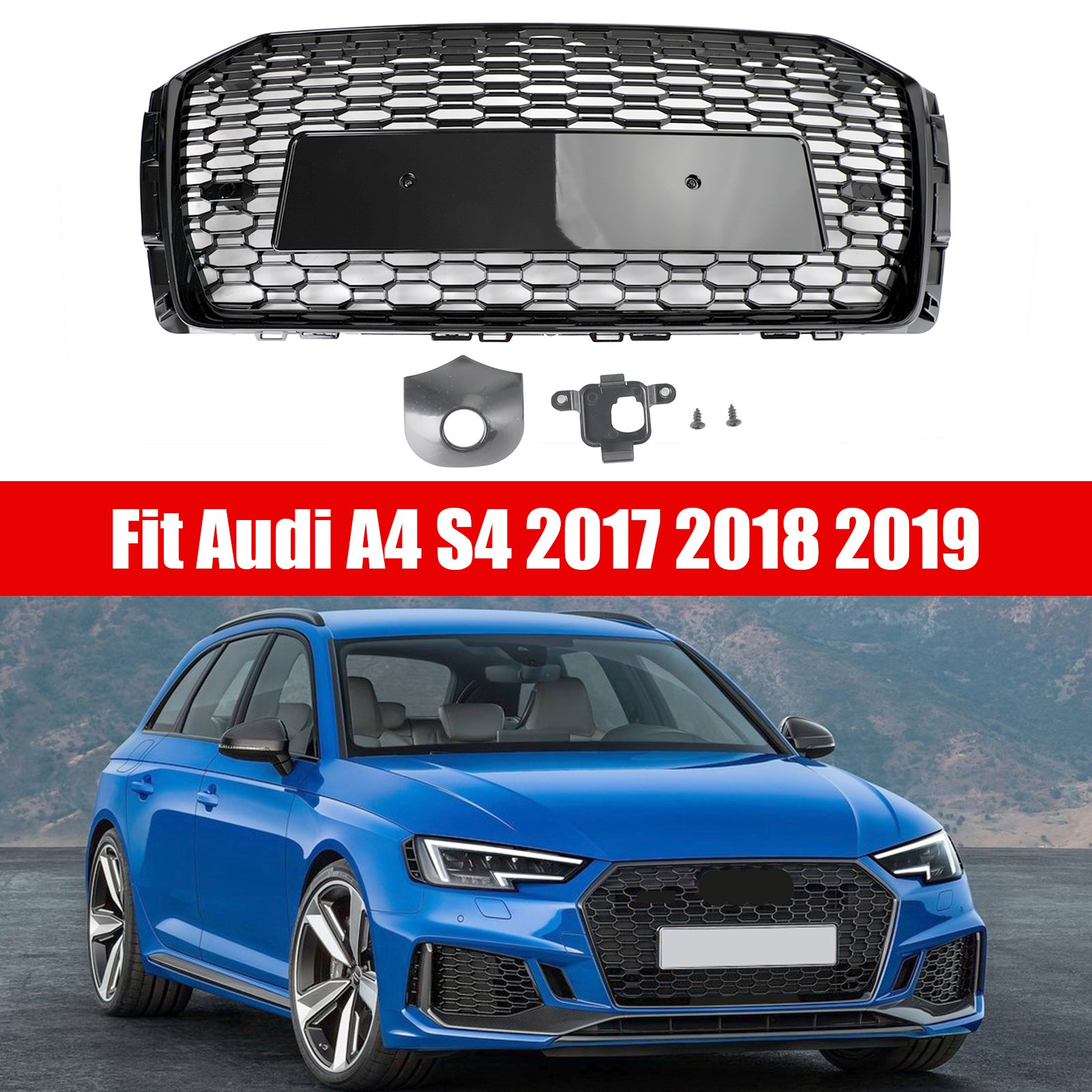 16-19 Audi A4 S4 Front Grille Black RS4 Honeycomb Mesh Hex Style Replacement