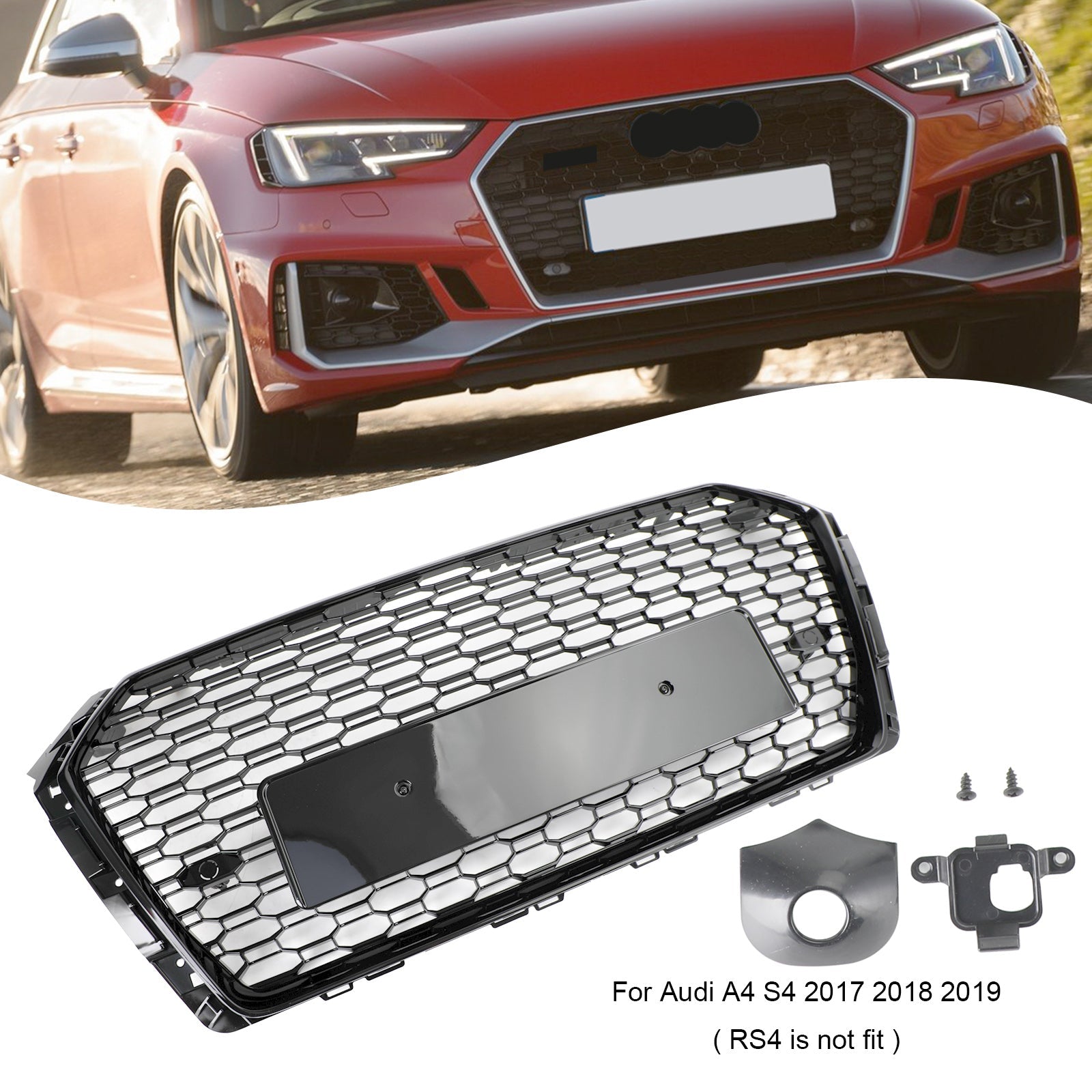 16-19 Audi A4 S4 Front Grille Black RS4 Honeycomb Mesh Hex Style Replacement