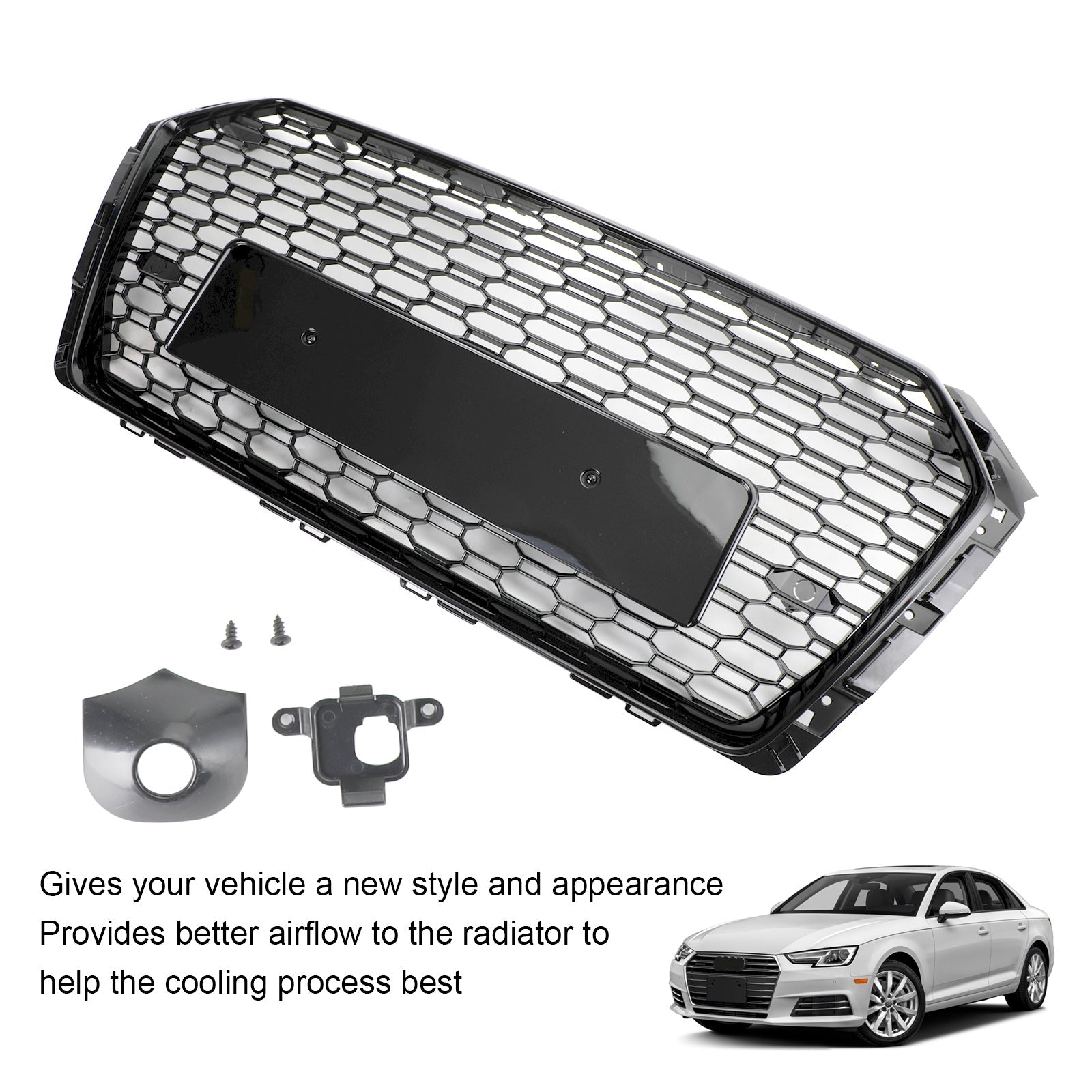 16-19 Audi A4 S4 Front Grille Black RS4 Honeycomb Mesh Hex Style Replacement