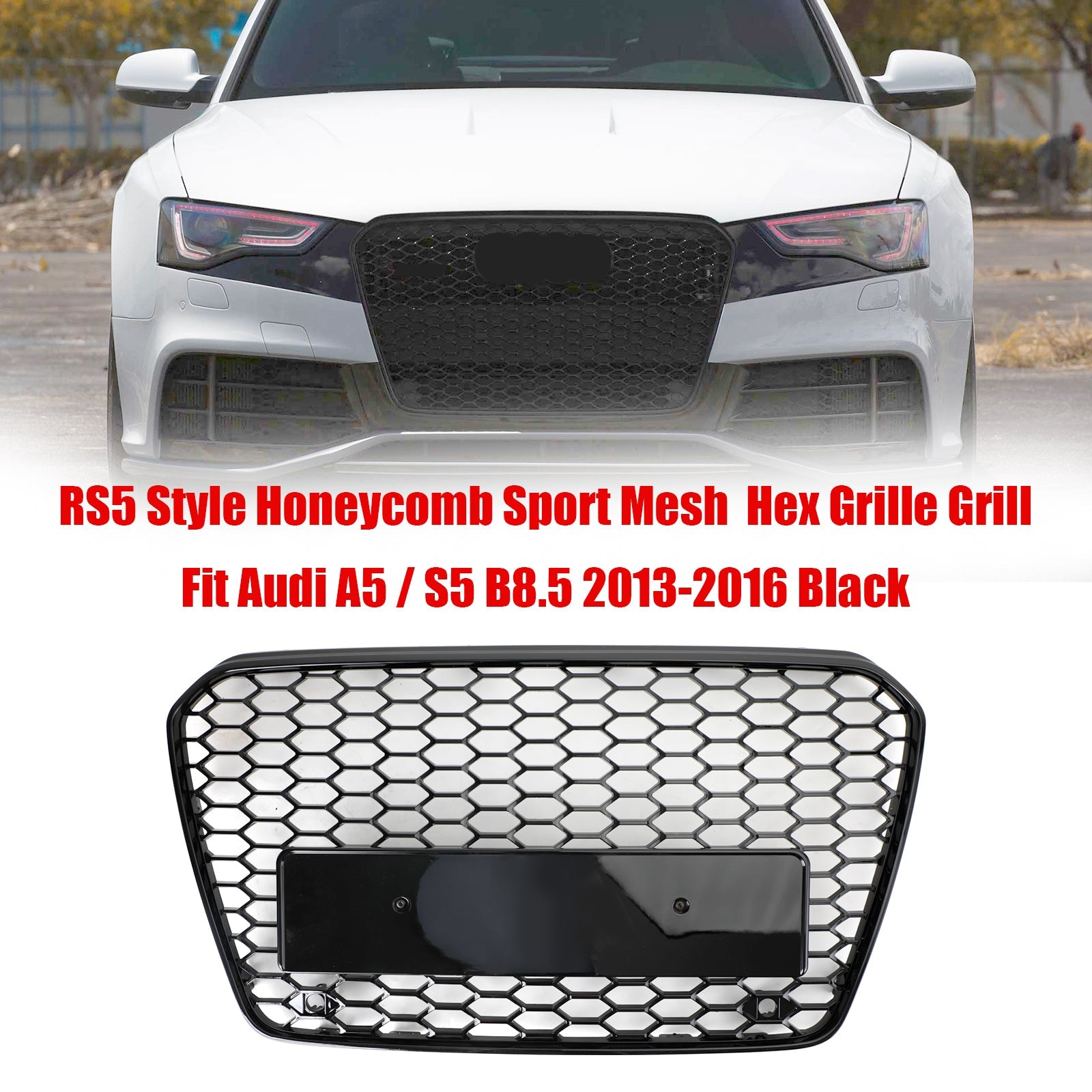13-16 Audi A5 S5 B8.5 Grill Replacement RS5 Style Honeycomb Hex Mesh Front Bumper Grill Generic