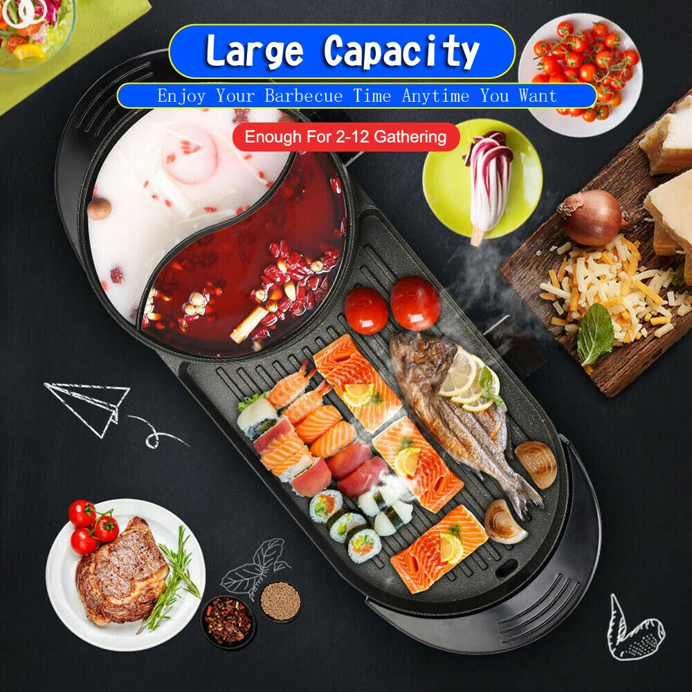 Non-Stick Electric Teppanyaki Pan and Hot Pot Grill 2-in-1 Portable Cooking System
